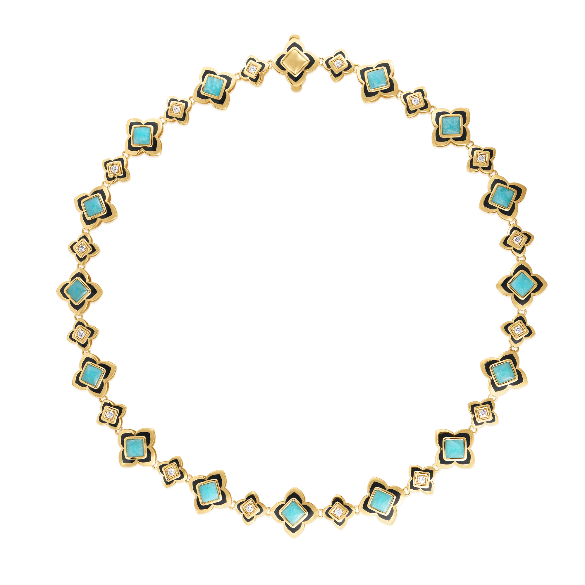 18k Yellow Gold Palazzo Ducale Carnival Amazonite, Black Enamel, & Diamond Flower Necklace