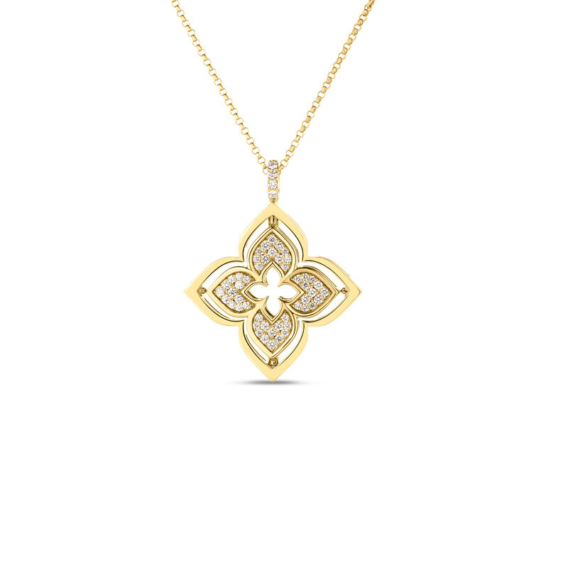 18k Yellow Gold Venetian Princess Pirouette Satin Finish & Pave Diamond Flower Necklace