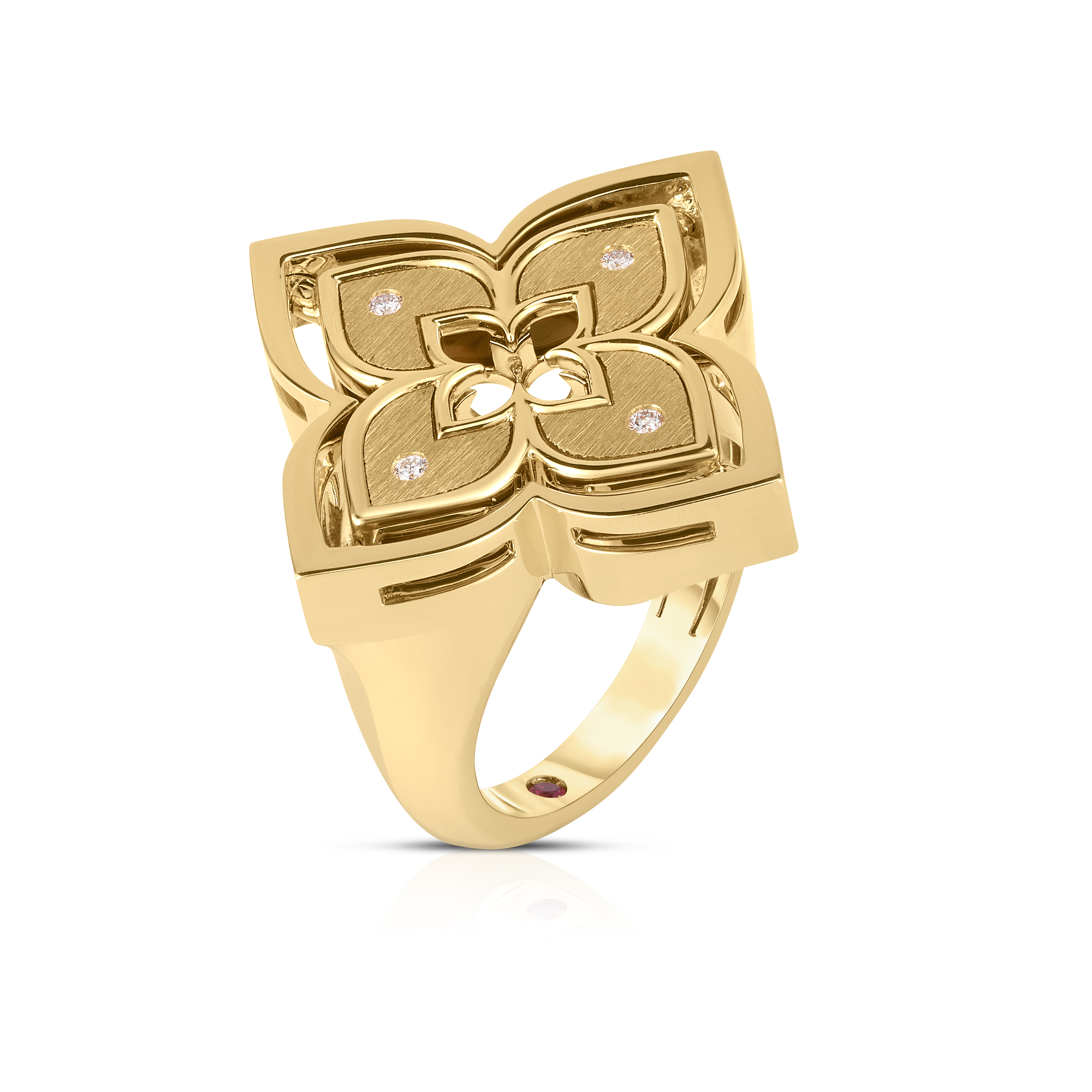 18k Yellow Gold Venetian Princess Pirouette Satin Finish & Pave Diamond Flower Ring