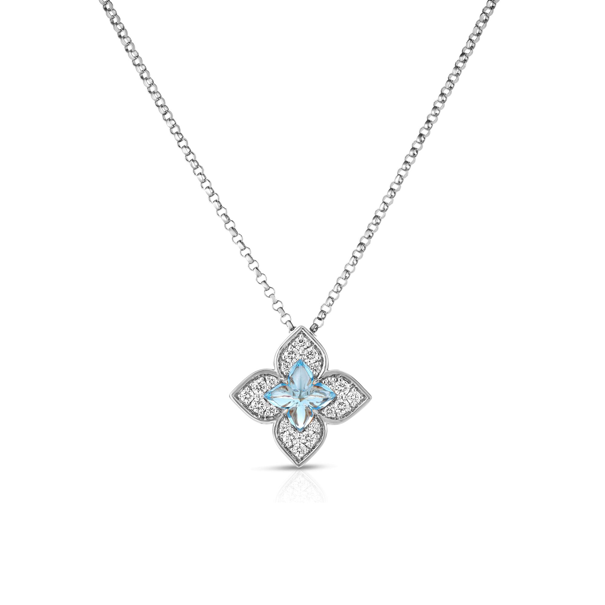 18k White Gold Venetian Princess Carnival Pave Diamond & Blue Topaz Small Flower Necklace