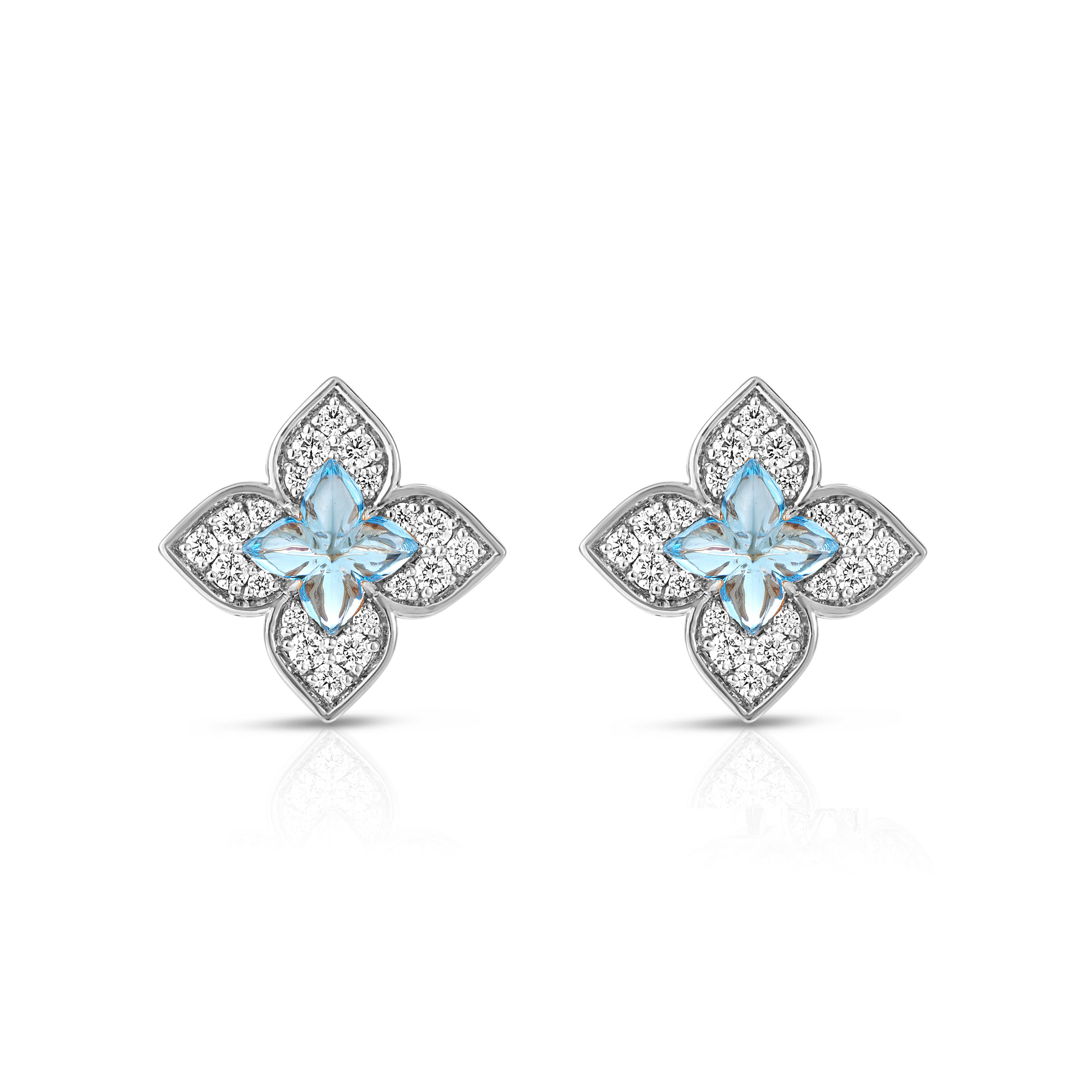 18k White Gold Venetian Princess Carnival Pave Diamond & Blue Topaz Small Flower Stud Earrings
