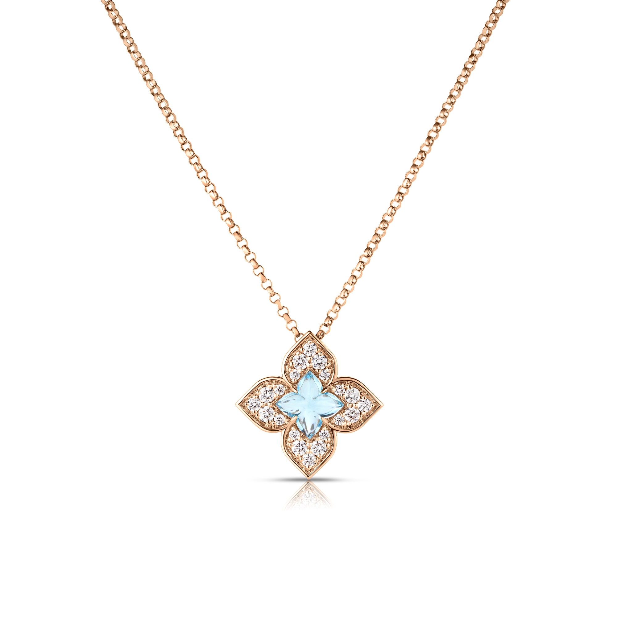 18k Rose Gold Venetian Princess Carnival Pave Diamond & Blue Topaz Small Flower Necklace