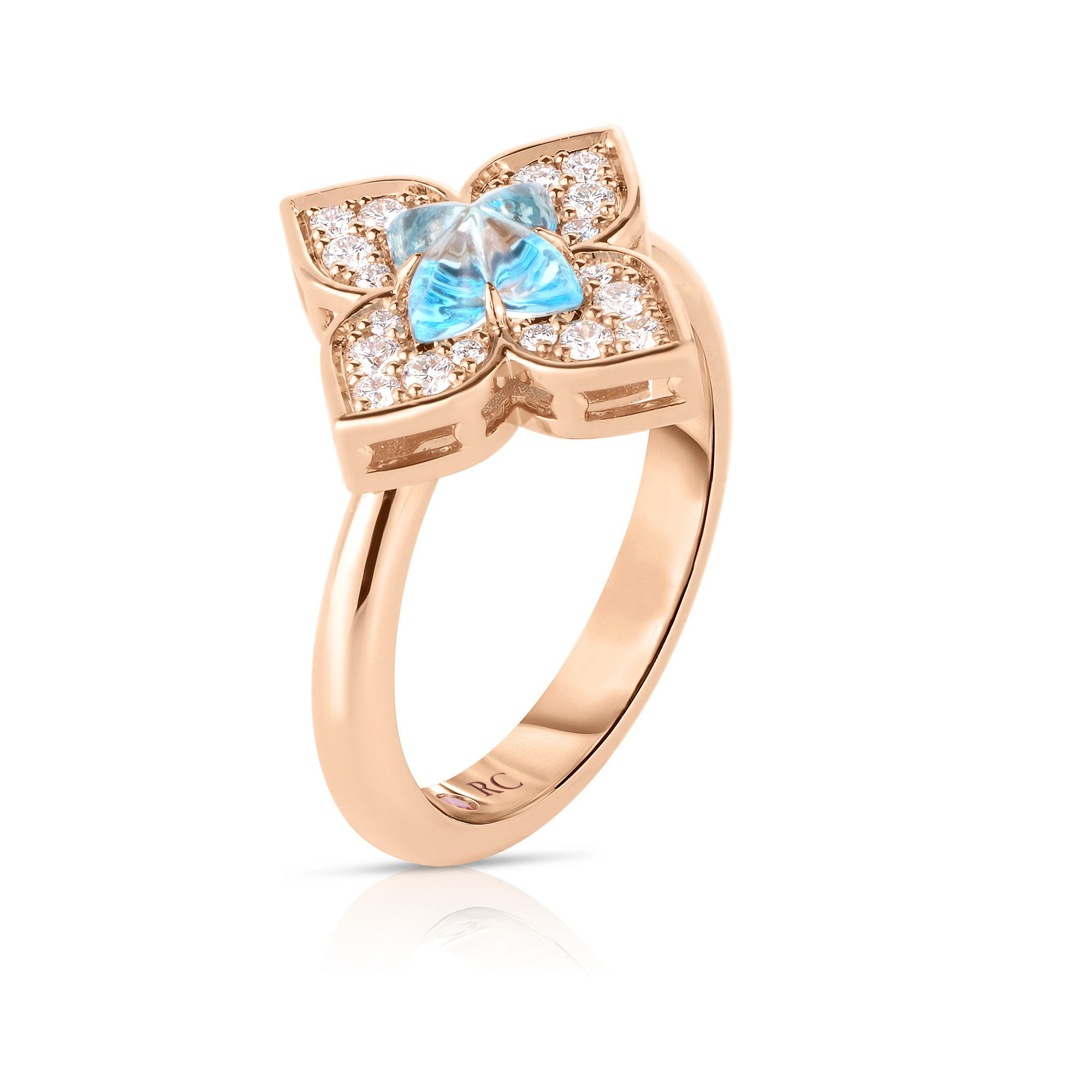 18k Rose Gold Venetian Princess Carnival Pave Diamond & Blue Topaz Small Flower Ring