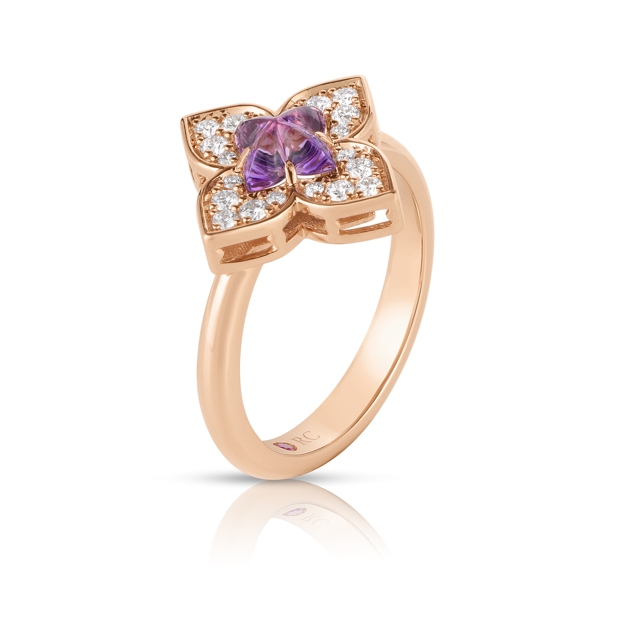 18k Rose Gold Venetian Princess Carnival Pave Diamond & Amethyst Small Flower Ring