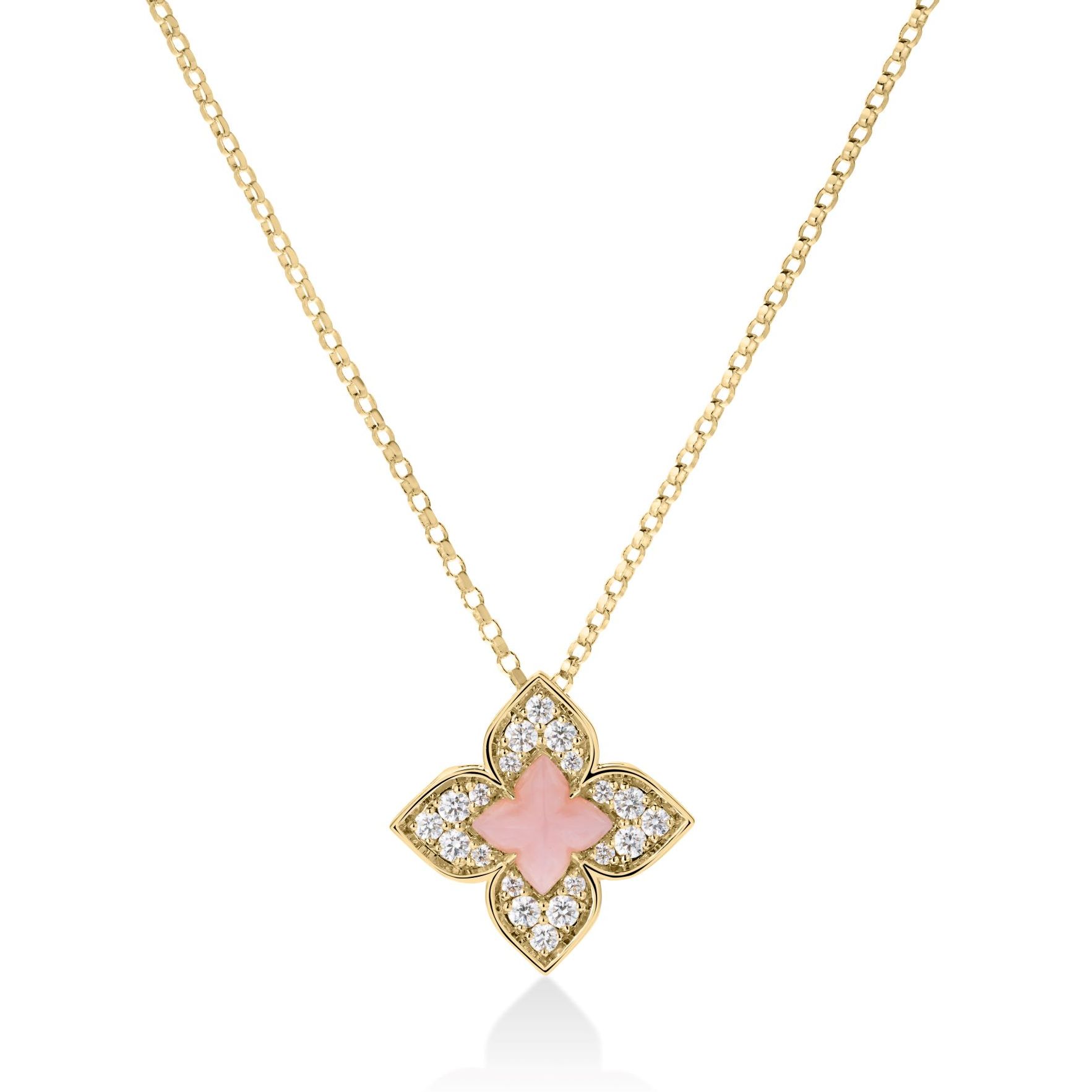 18k Yellow Gold Venetian Princess Carnival Diamond & Pink Opal Flower Necklace