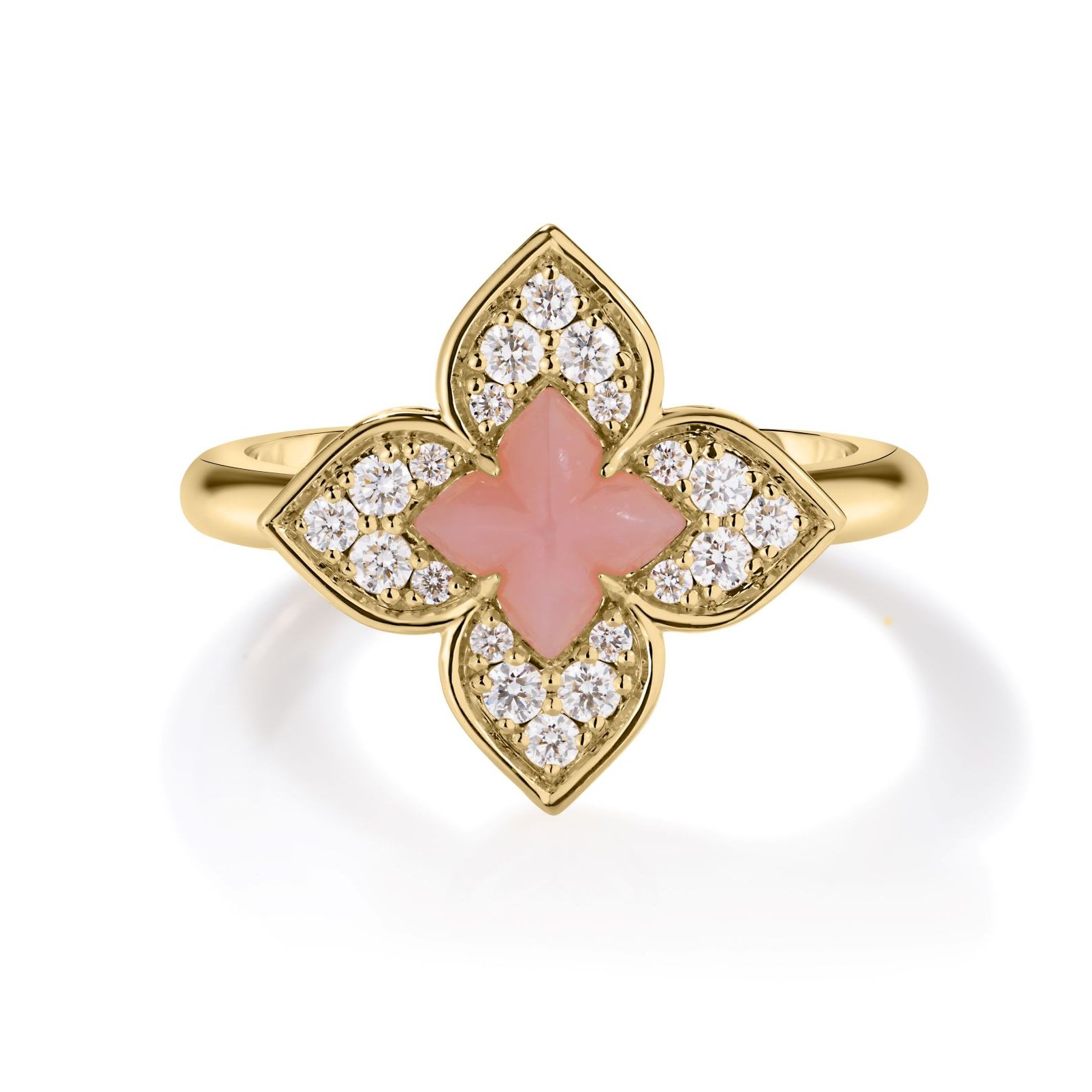 18k Yellow Gold Venetian Princess Carnival Diamond & Pink Opal Flower Ring
