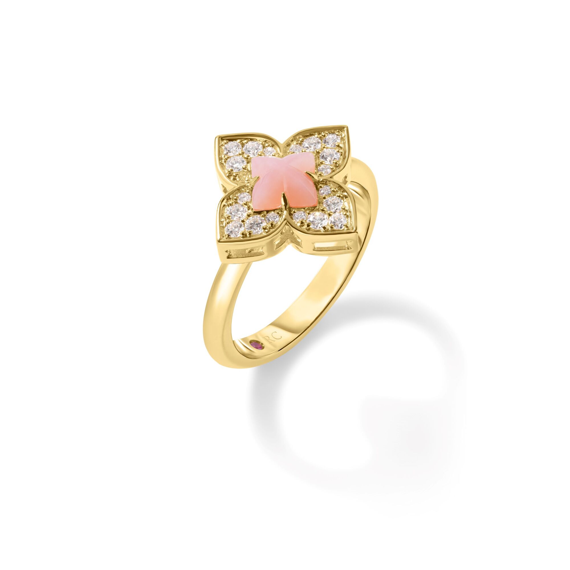 18k Yellow Gold Venetian Princess Carnival Diamond & Pink Opal Flower Ring