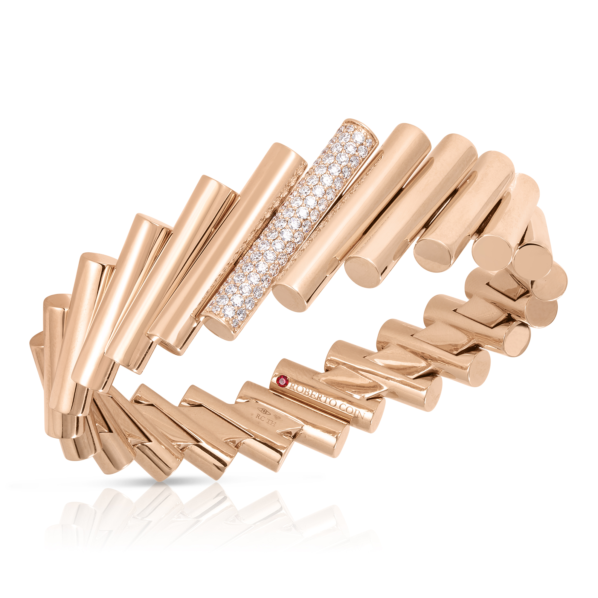 18k Rose Gold Domino Single Diamond Accent Wide Bangle