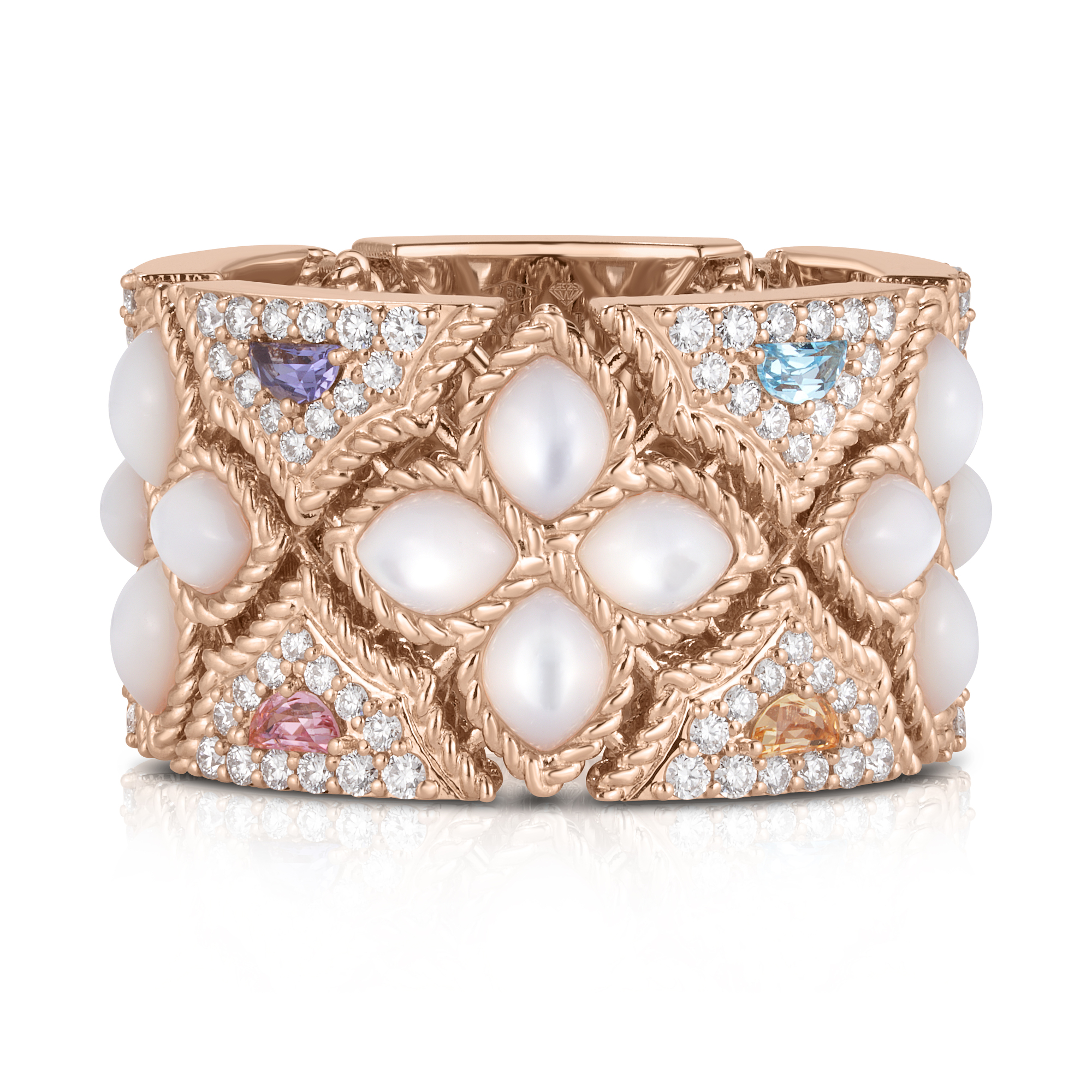 18k Rose Gold Venetian Princess Carnival Diamond, Mother Of Pearl, & Mixed Stones (blue Topaz, Citrine, Iolite, & Pink Tourmaline) Flower Ring