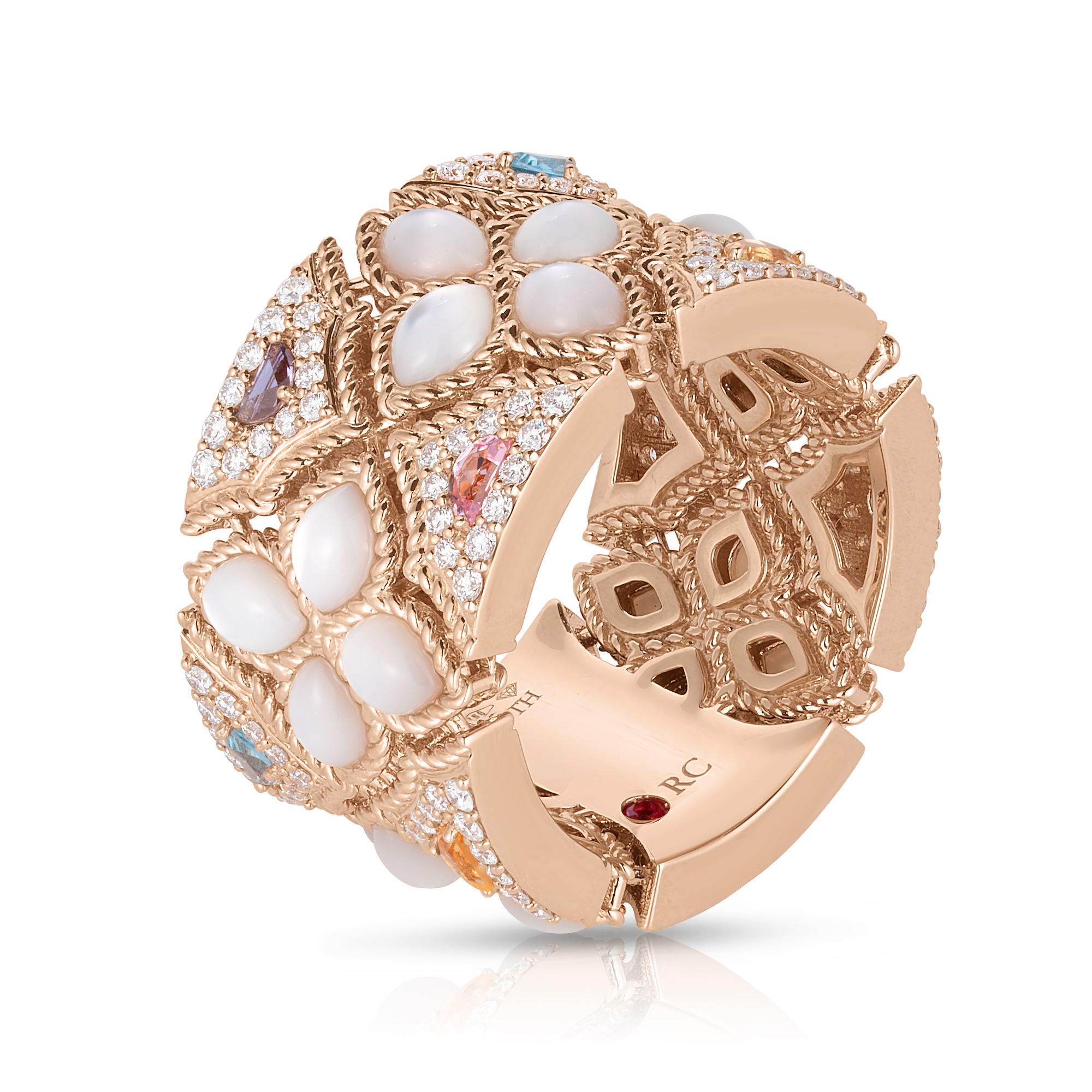 18k Rose Gold Venetian Princess Carnival Diamond, Mother Of Pearl, & Mixed Stones (blue Topaz, Citrine, Iolite, & Pink Tourmaline) Flower Ring