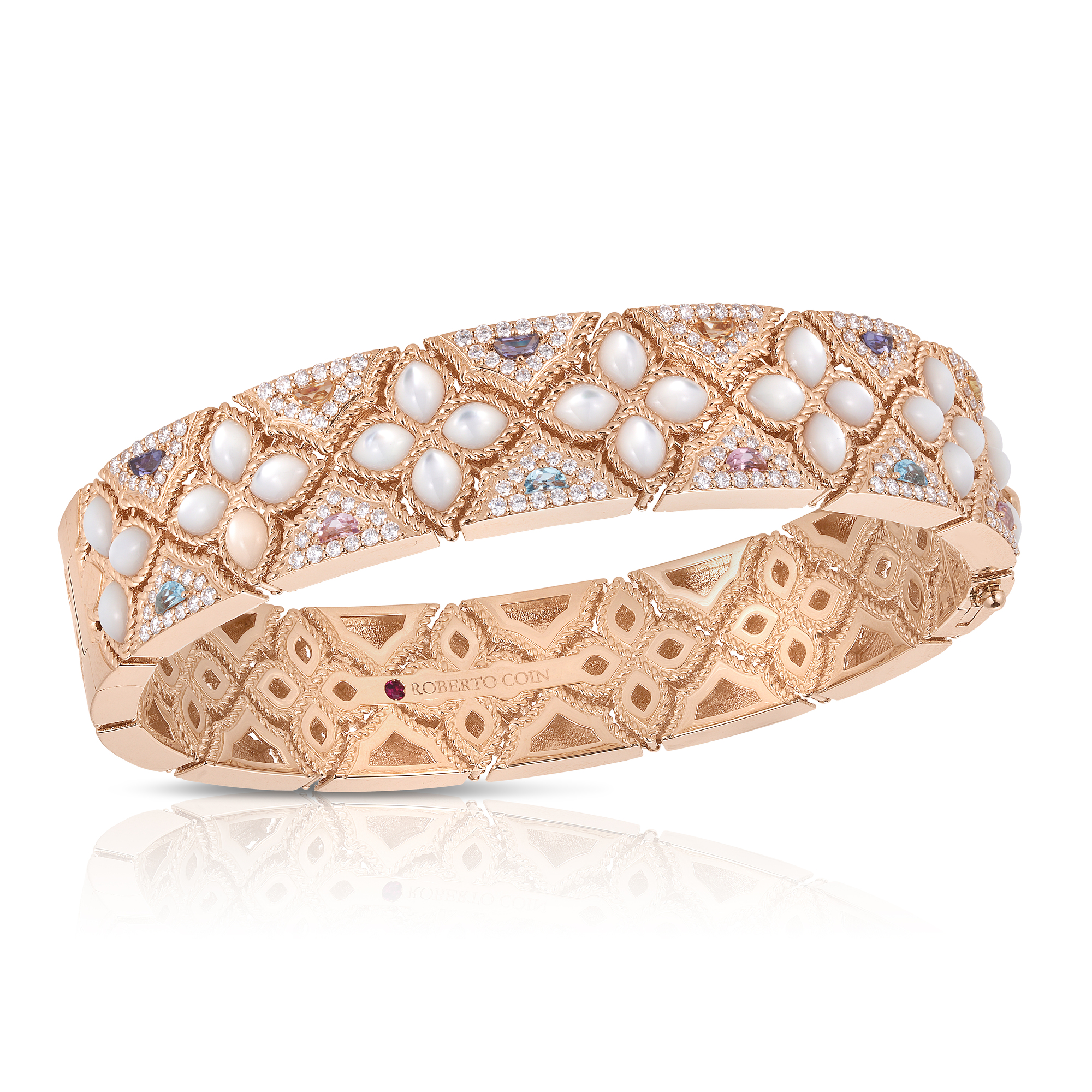 18k Rose Gold Venetian Princess Carnival Diamond, Mother Of Pearl, & Mixed Stones (blue Topaz, Citrine, Iolite, & Pink Tourmaline) Flower Bangle