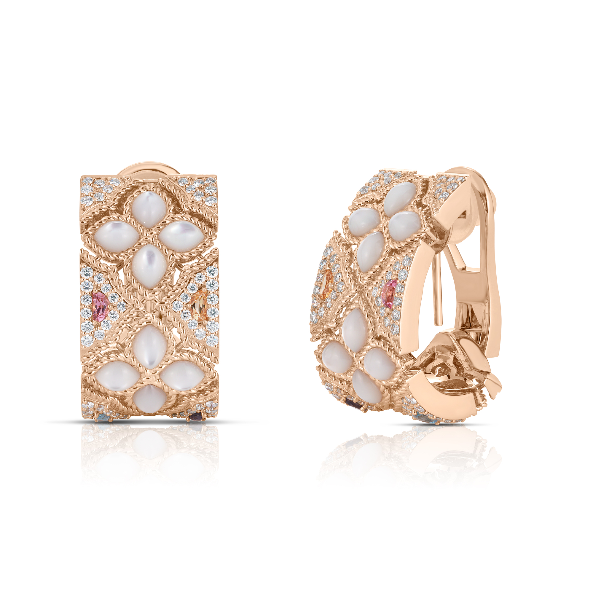18k Rose Gold Venetian Princess Carnival Diamond, Mother Of Pearl, & Mixed Stones (blue Topaz, Citrine, Iolite, & Pink Tourmaline) Flower Earrings