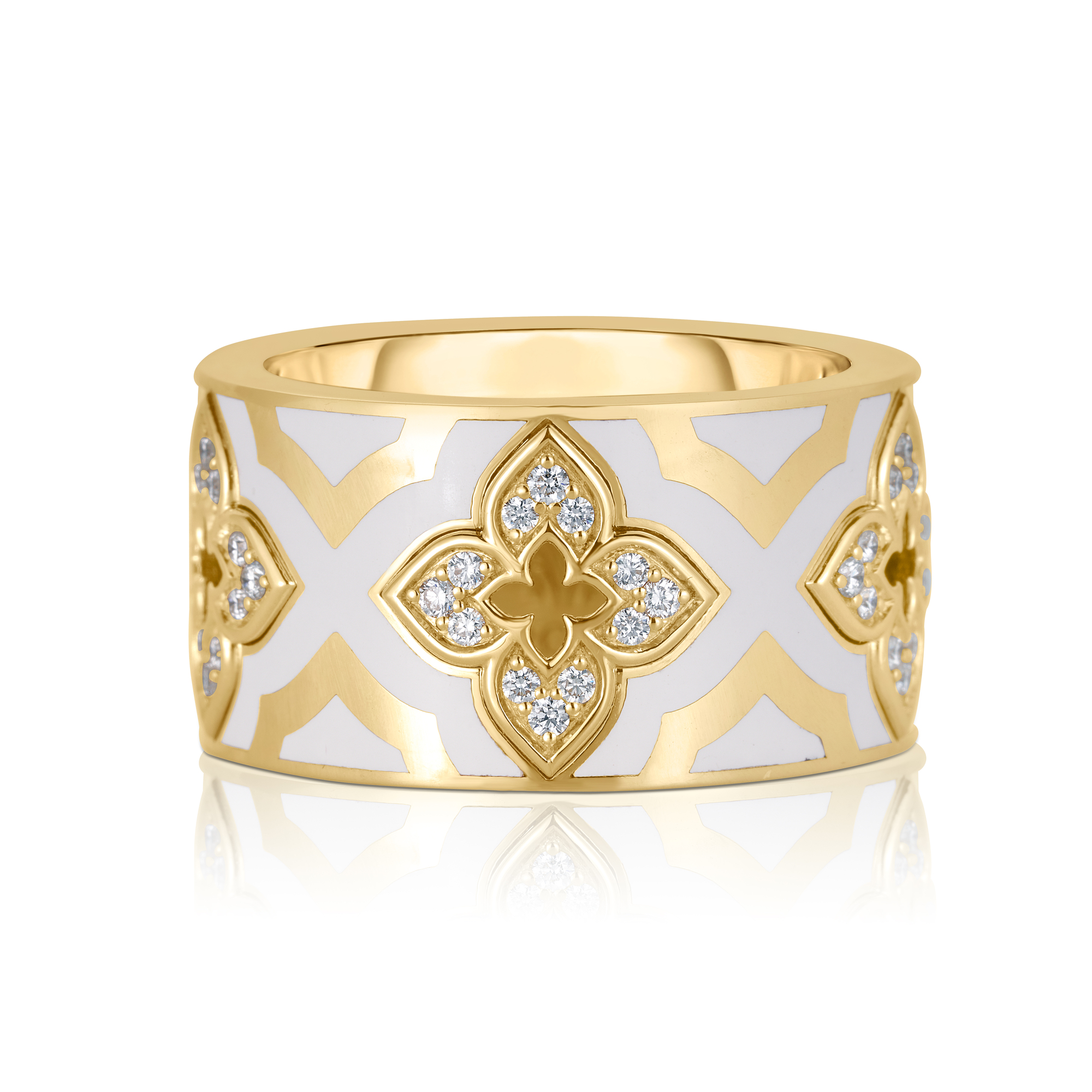 18k Yellow Gold Ventian Princess Diamond & White Enamel Flower Ring