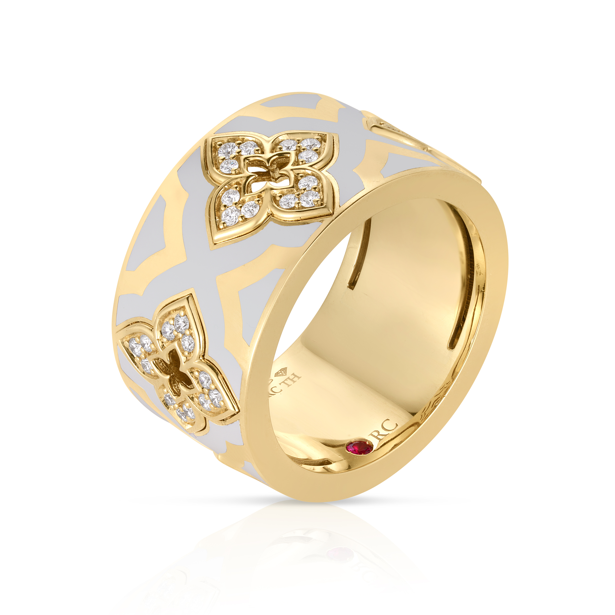 18k Yellow Gold Ventian Princess Diamond & White Enamel Flower Ring