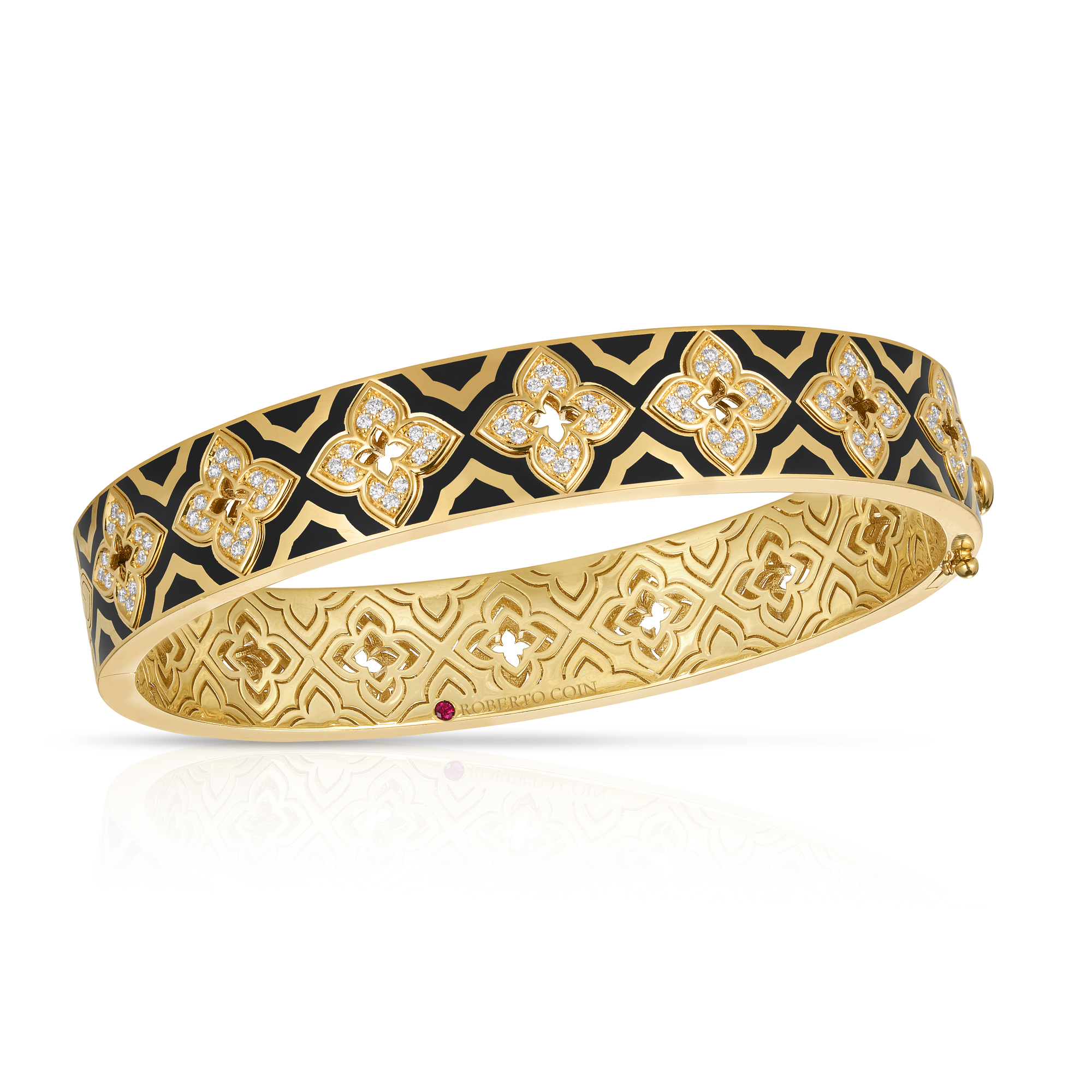 18k Yellow Gold Venetian Princess Diamond & Black Enamel Flower Bangle