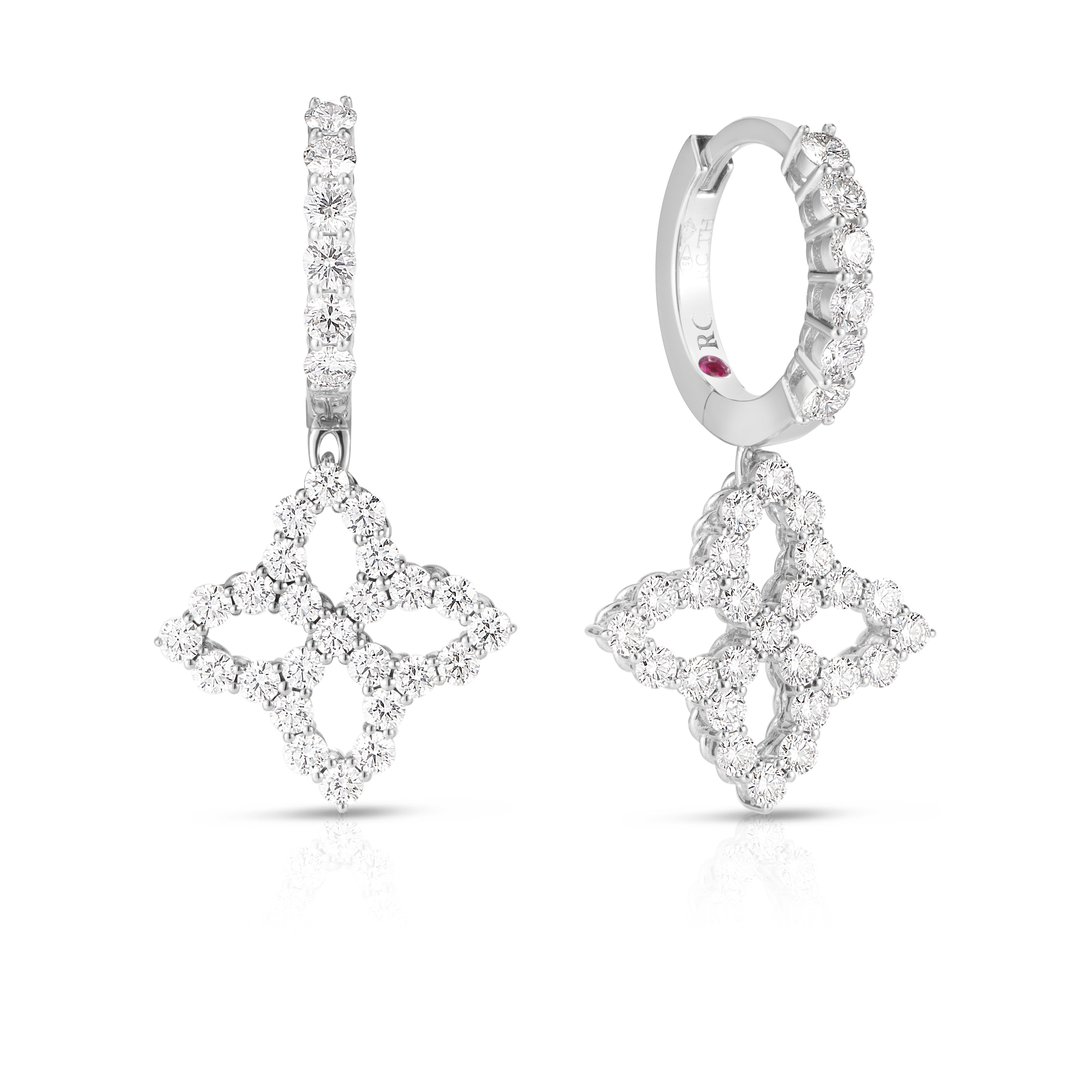 18k White Gold Diamond Princess Outline Small Flower Drop Earrings