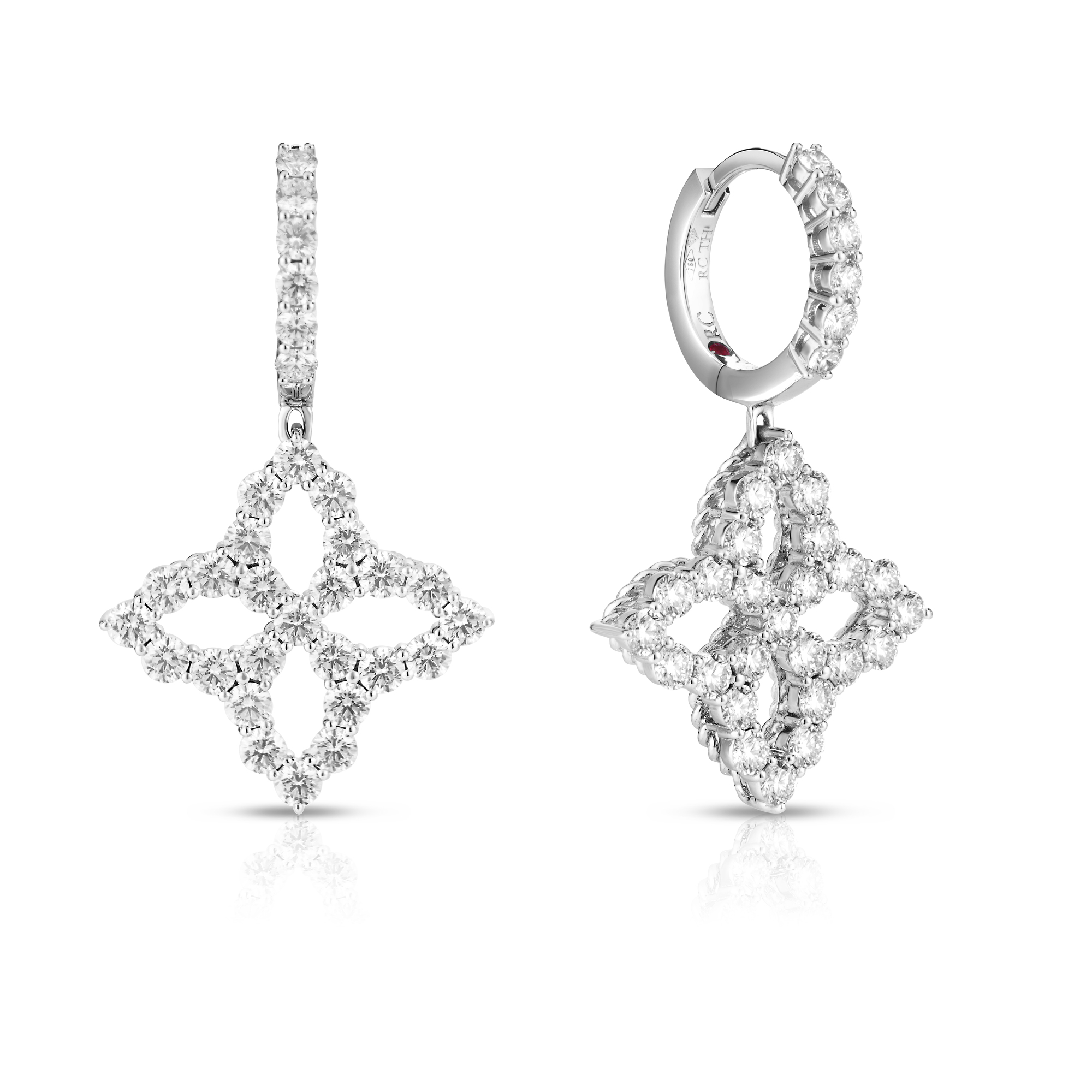 18k White Gold Diamond Princess Outline Medium Flower Drop Earrings