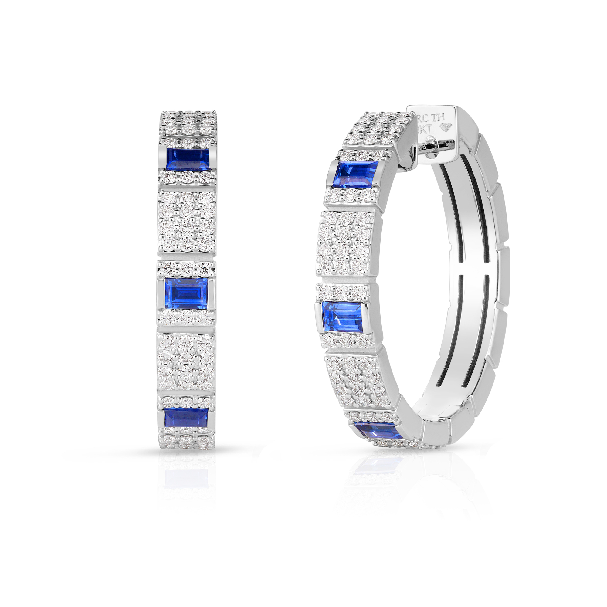 18k White Gold Obelisco Pave Diamond & Blue Sapphire Hoop Earrings