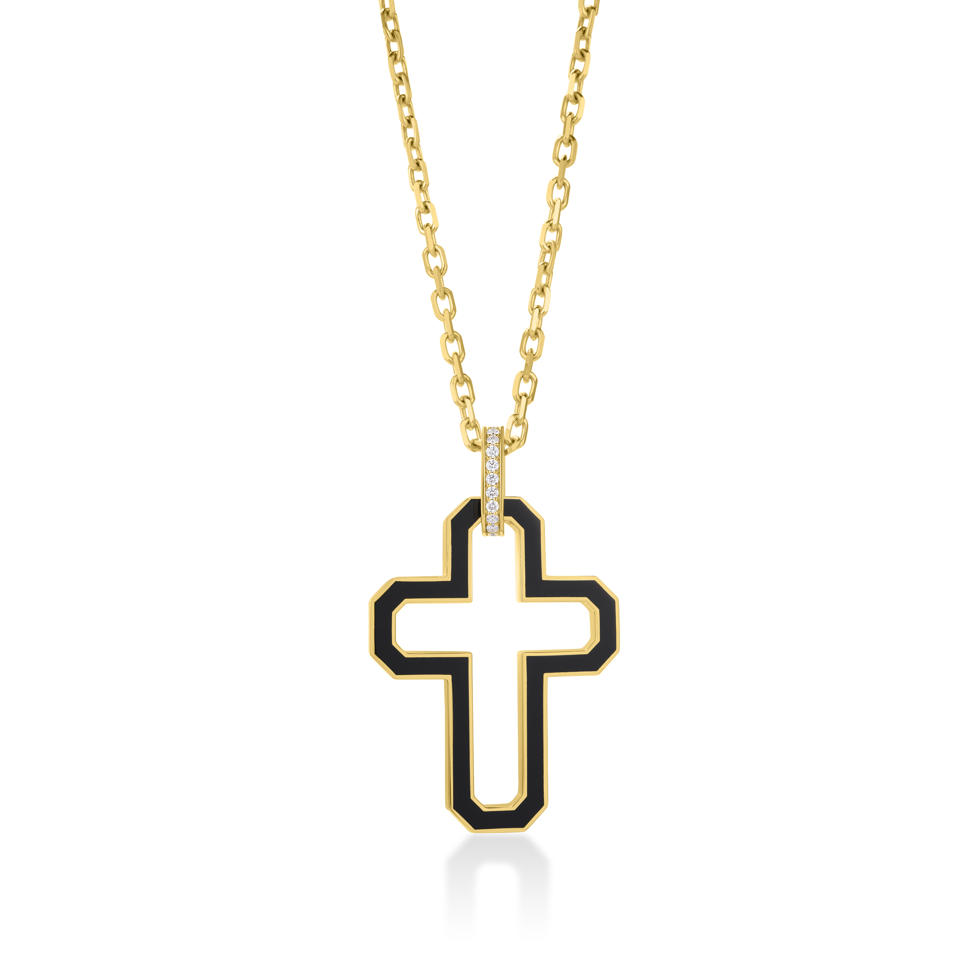 18k Yellow Designer Gold Diamond & Black Ceramic Enamel Outline Cross Necklace