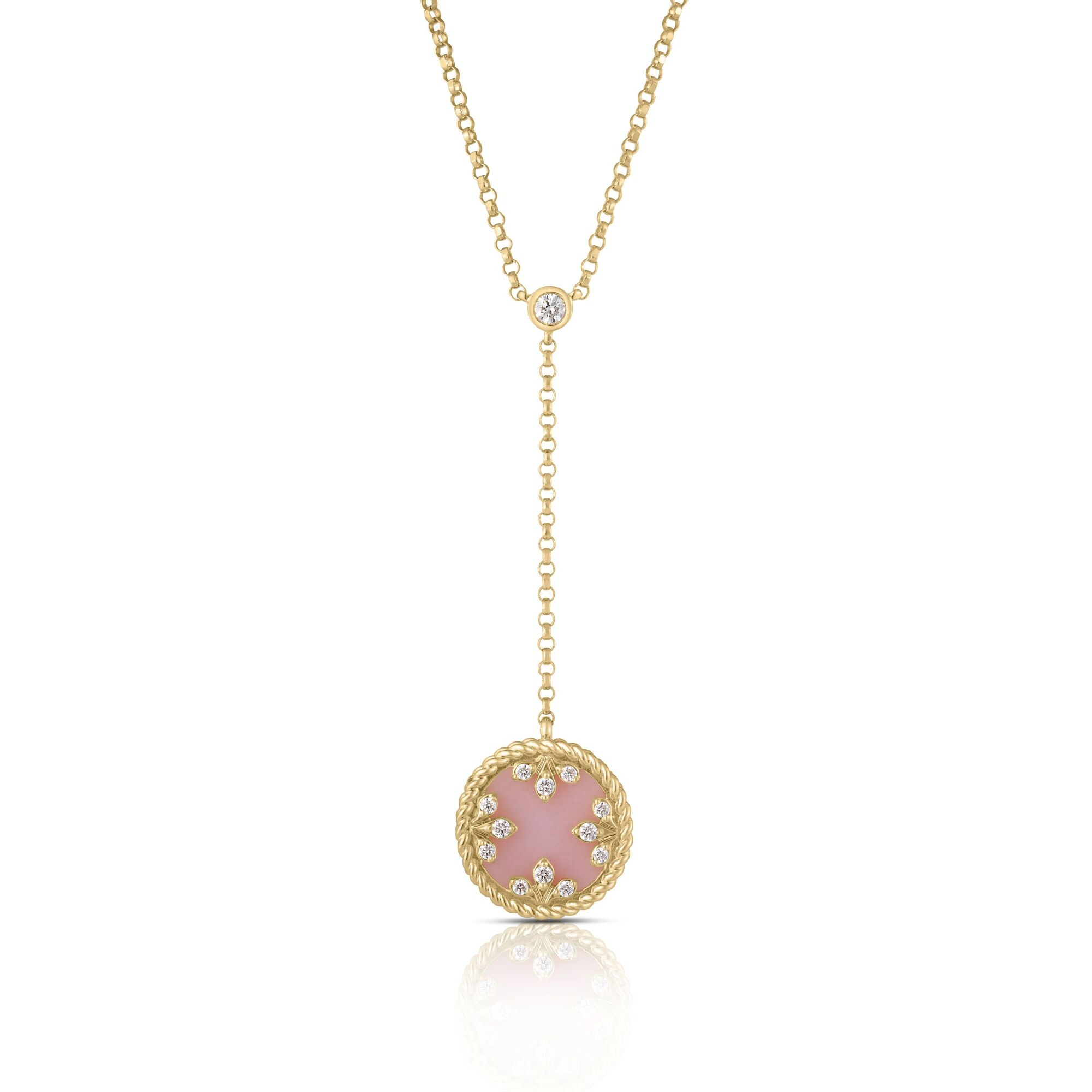 18k Yellow Gold Venetian Medallions Small Diamond And Pink Opal Dangle Necklace