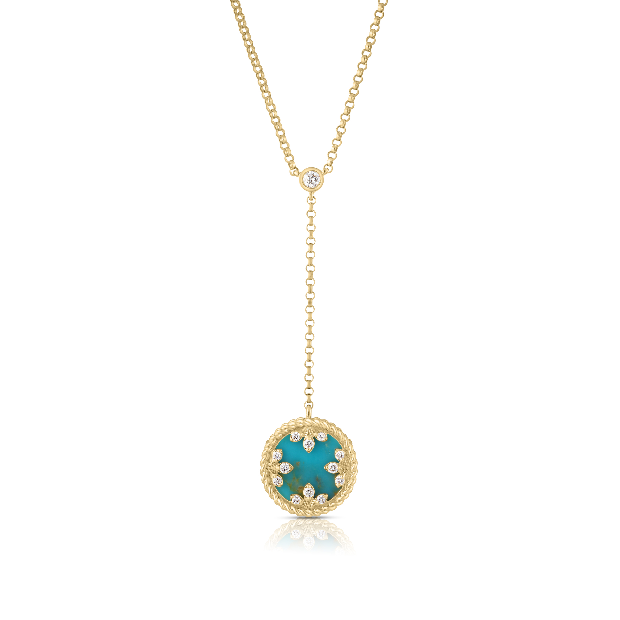 18k Yellow Gold Venetian Medallions Small Diamond And Turquoise Dangle Necklace