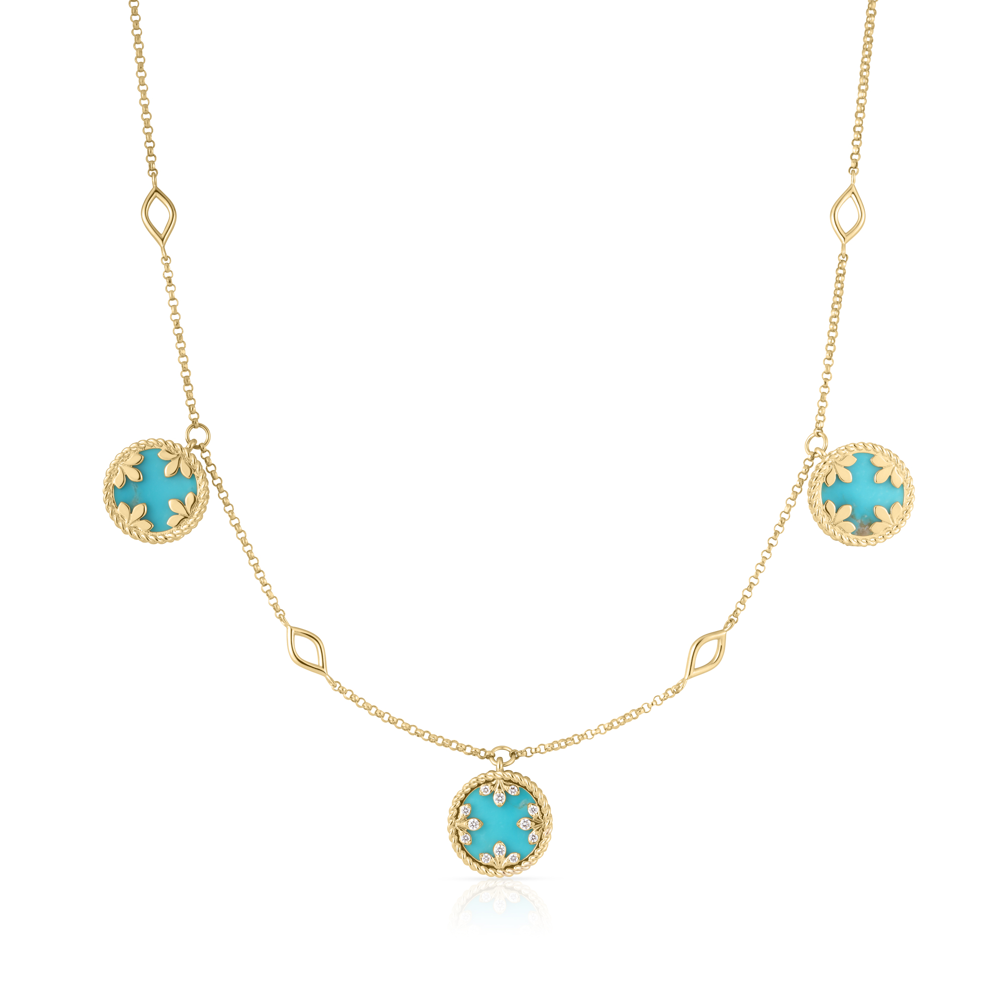 18k Yellow Gold Venetian Medallions Small Diamond, Mother Of Pearl, And Turquoise Station Necklace