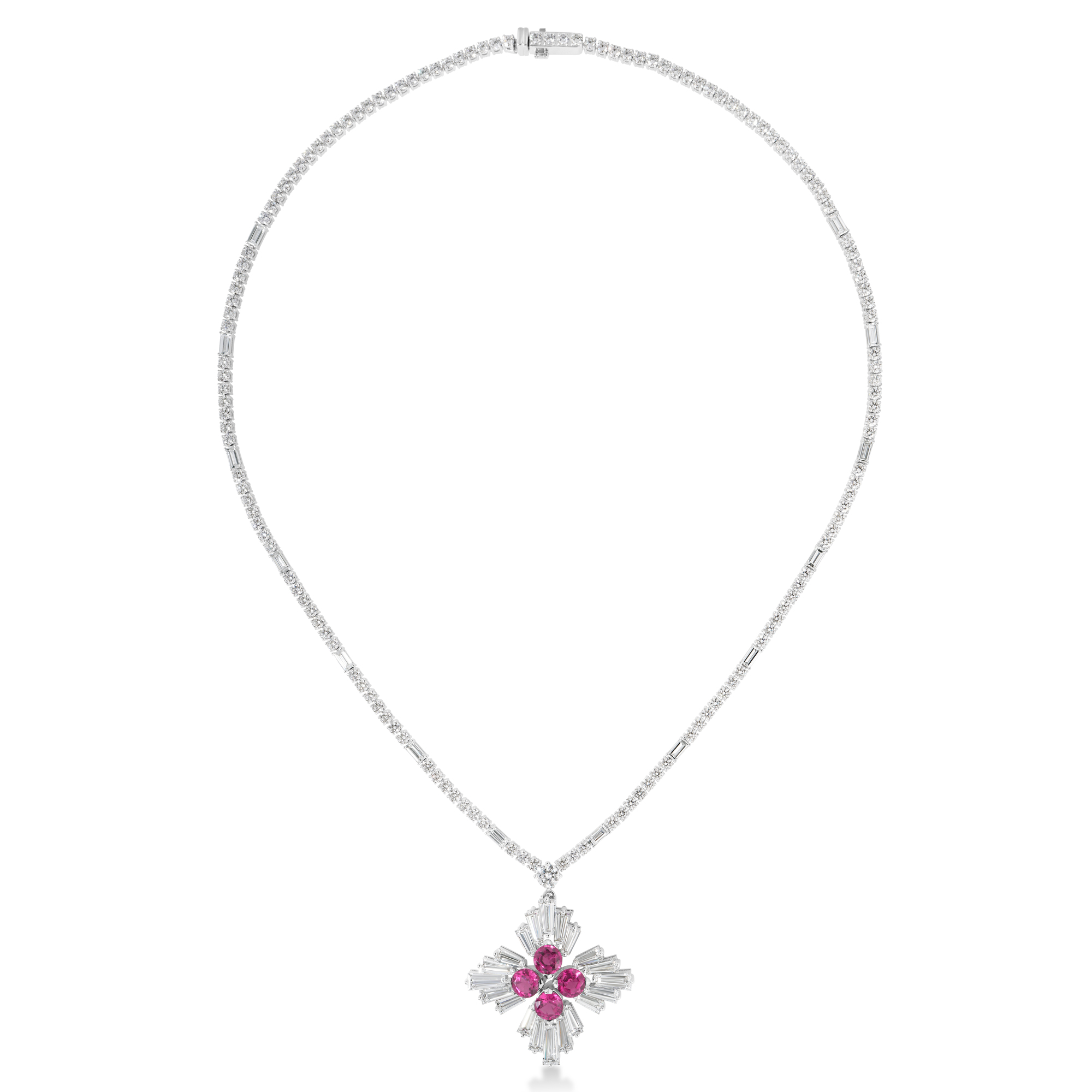 18k White Gold Diamond Princess Luce Diamond & Rubellite Flower Necklace