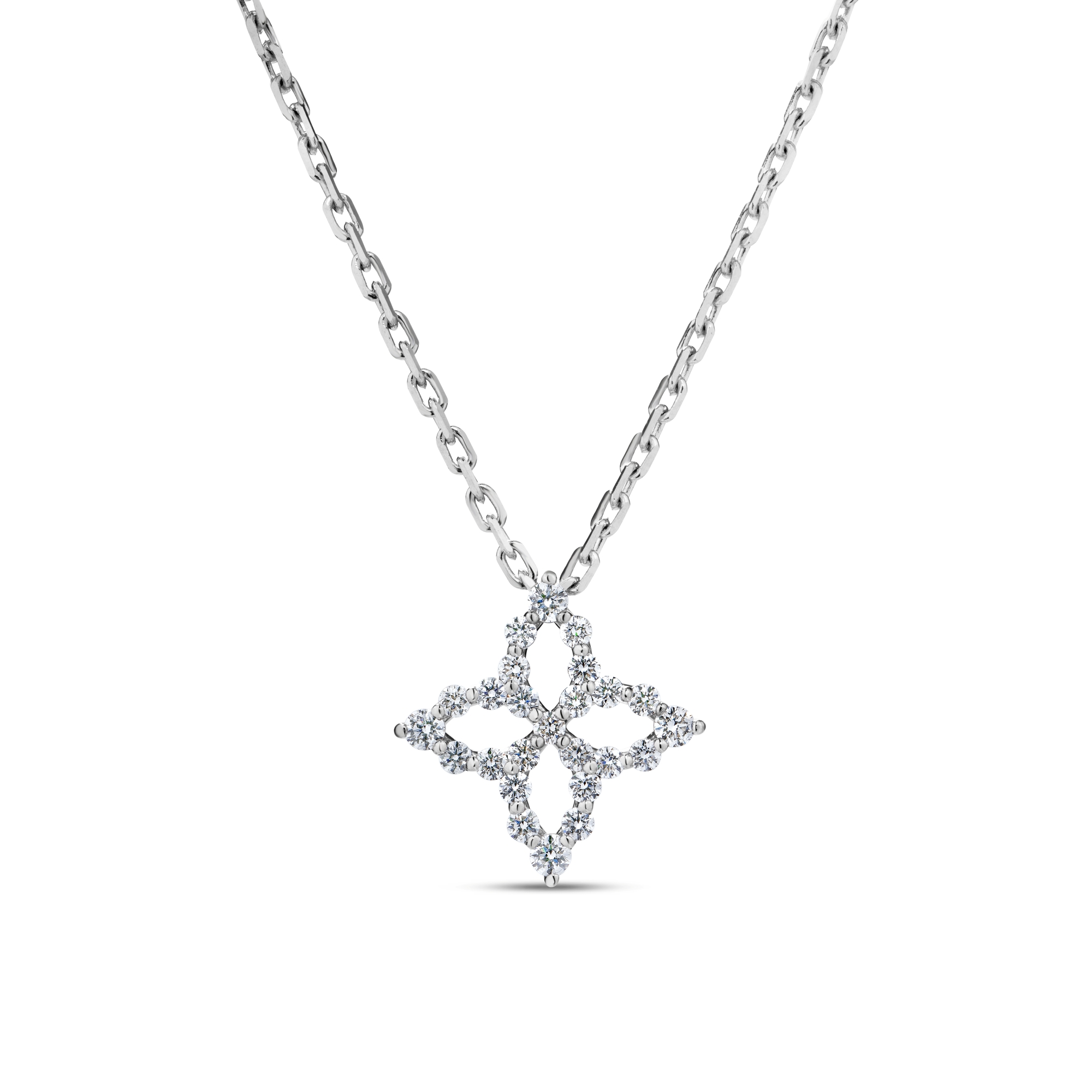 18k White Gold Diamond Princess Outline Small Flower Necklace