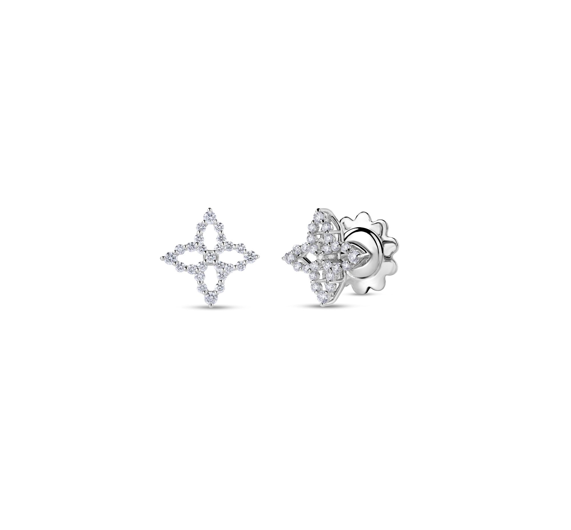 18k White Gold Diamond Princess Outline Small Flower Stud Earrings