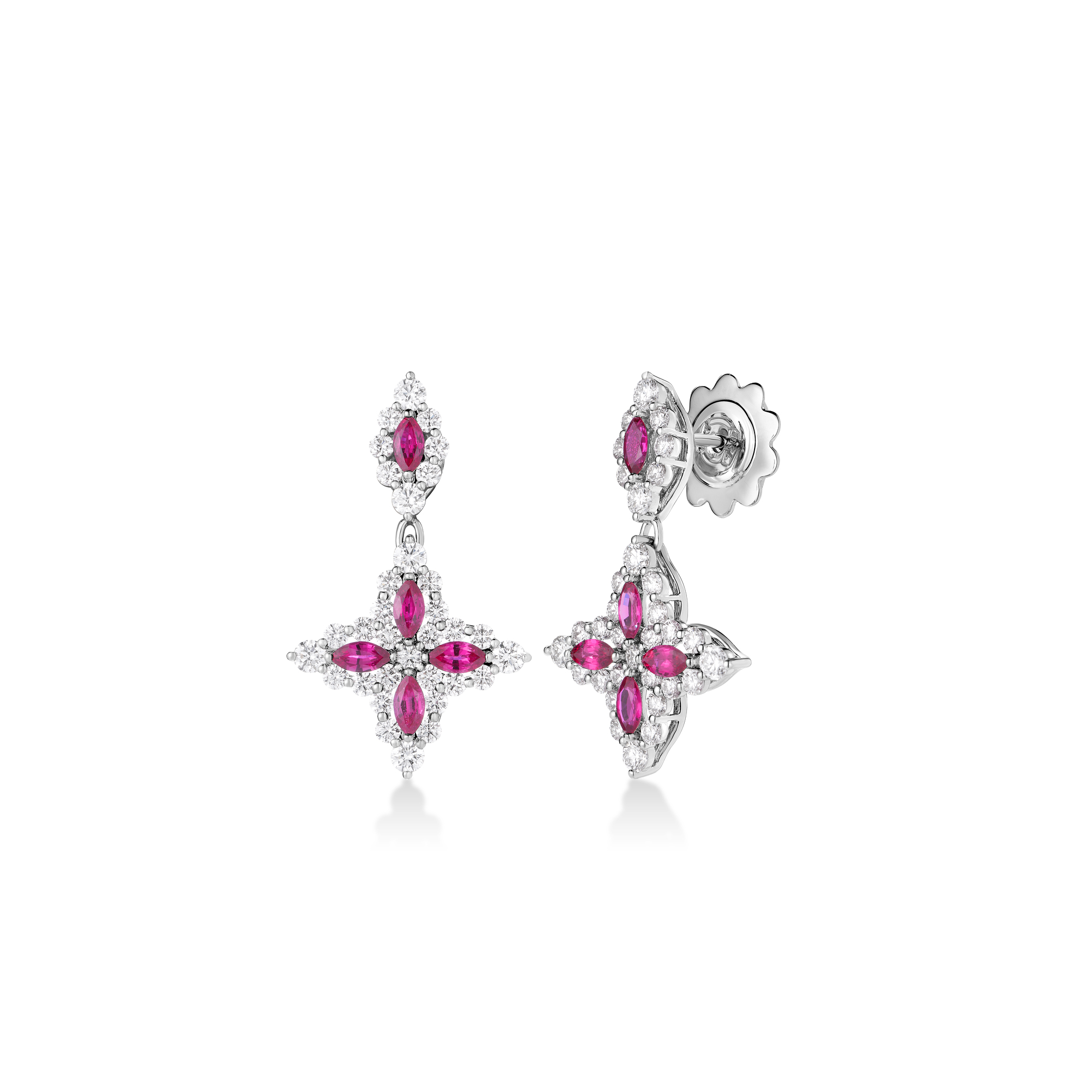 18k White Gold Diamond Princess Outline Ruby Flower Drop Earrings