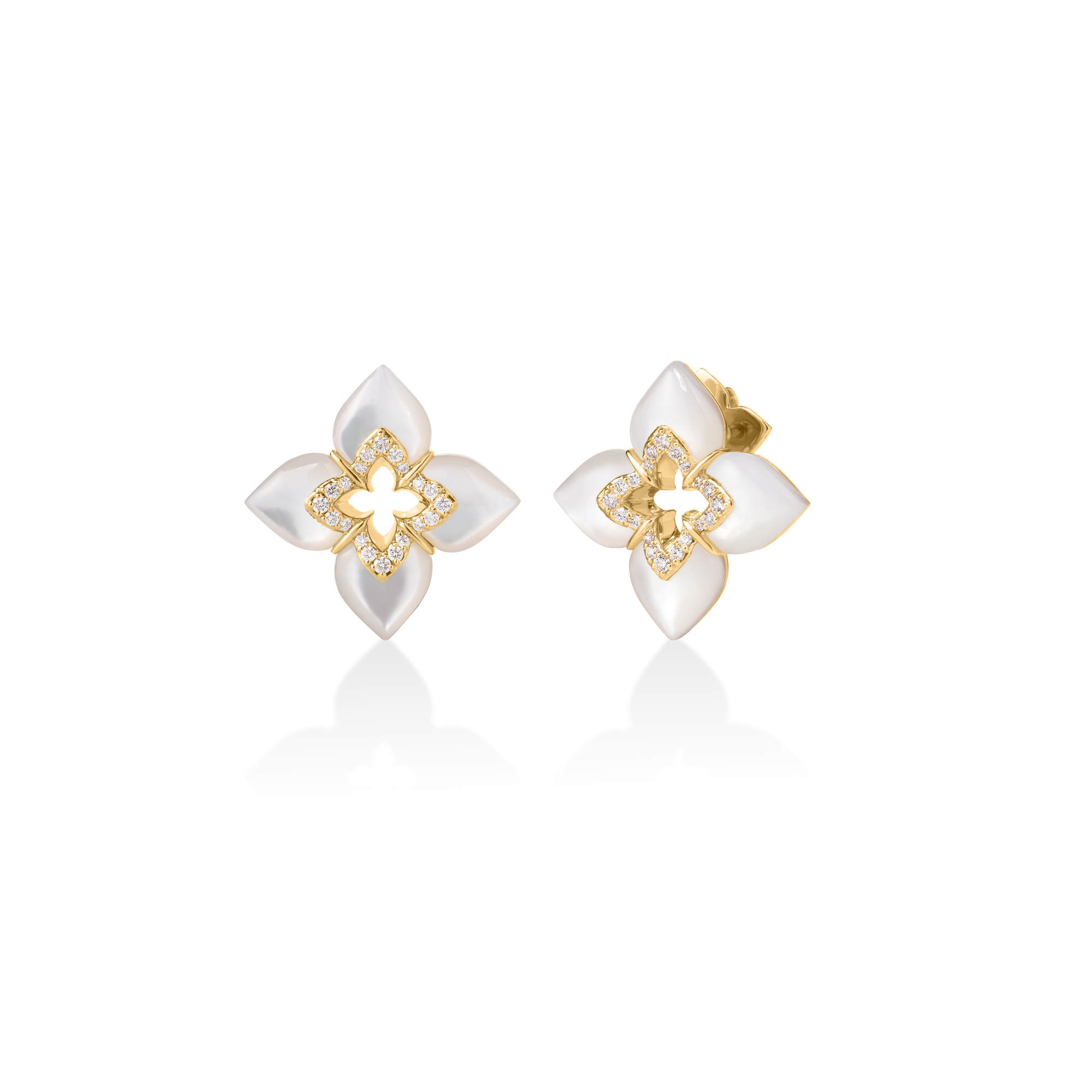 18k Yellow Gold Venetian Princess Cabochon Diamond & Mother Of Pearl Flower Stud Earrings