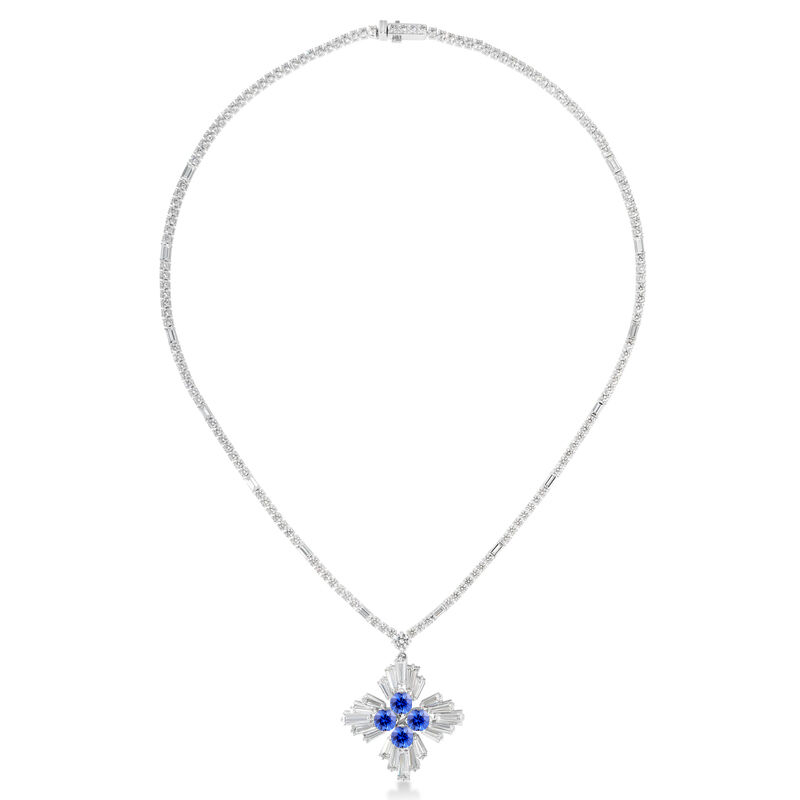 18k White Gold Diamond Princess Luce Diamond & Blue Sapphire Flower Necklace