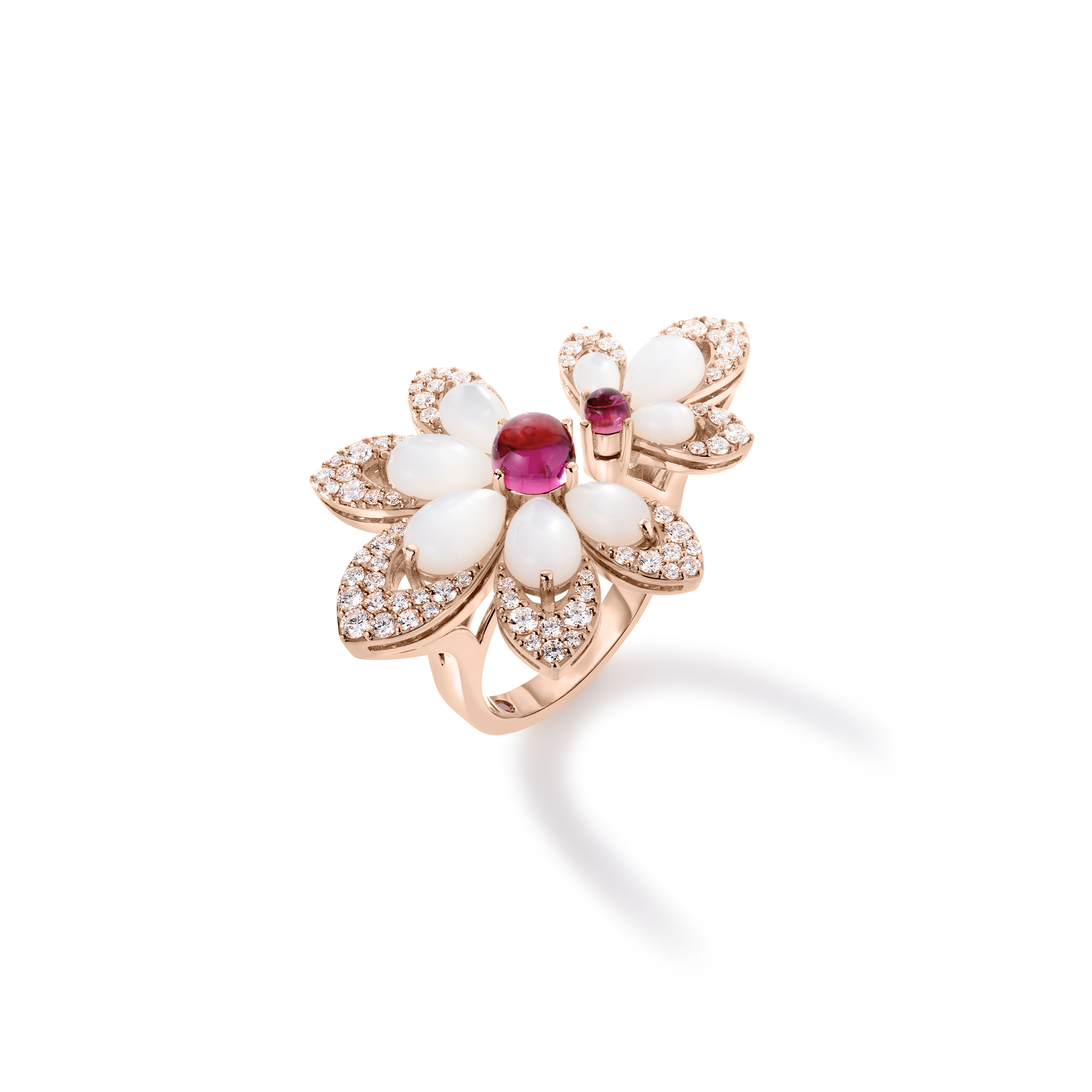 18k Rose Gold Tiare' Diamond, Rubellite, & Mother Of Pearl Ring