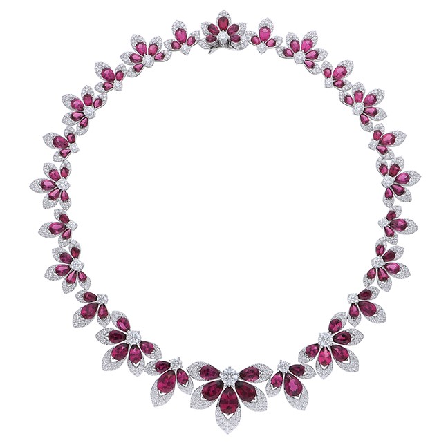 18k White Gold Tiare' Pave Diamond Rubellite Flower Collar Necklace