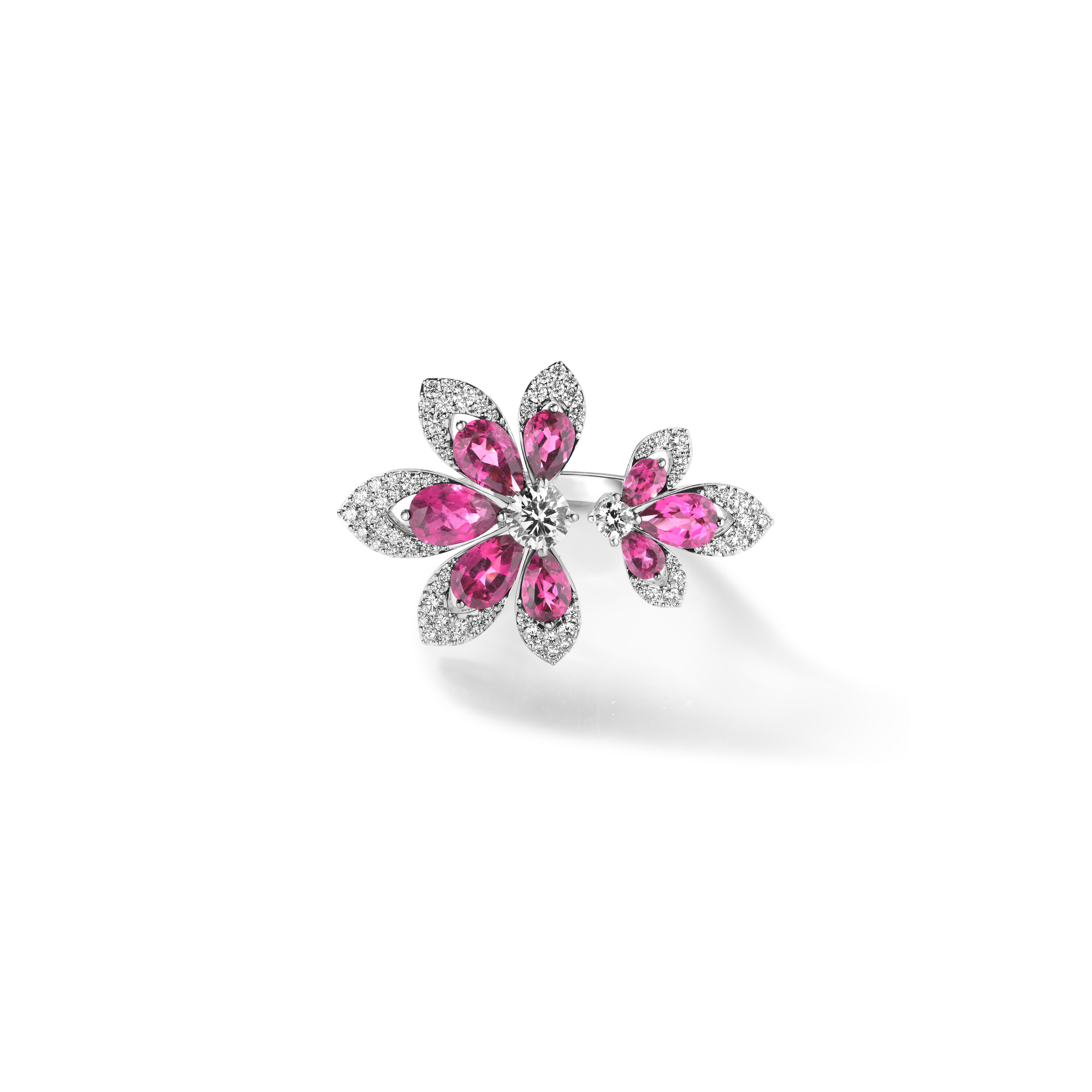 18k White Gold Tiare' Pave Diamond & Rubellite Flower Ring