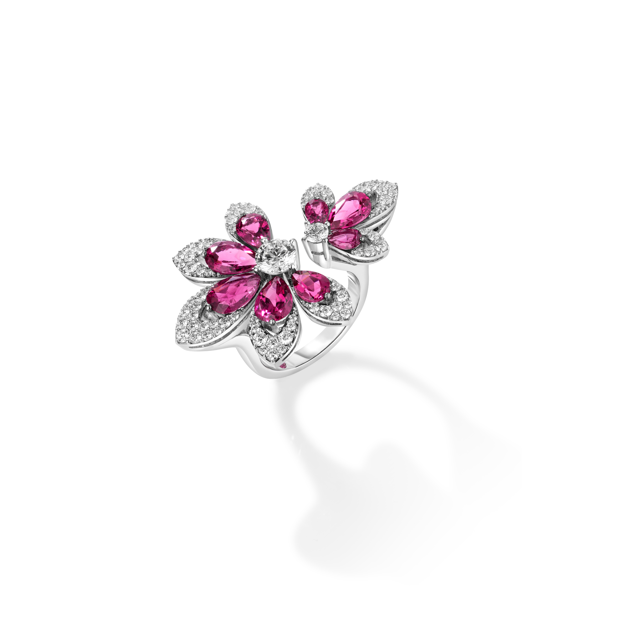 18k White Gold Tiare' Pave Diamond & Rubellite Flower Ring