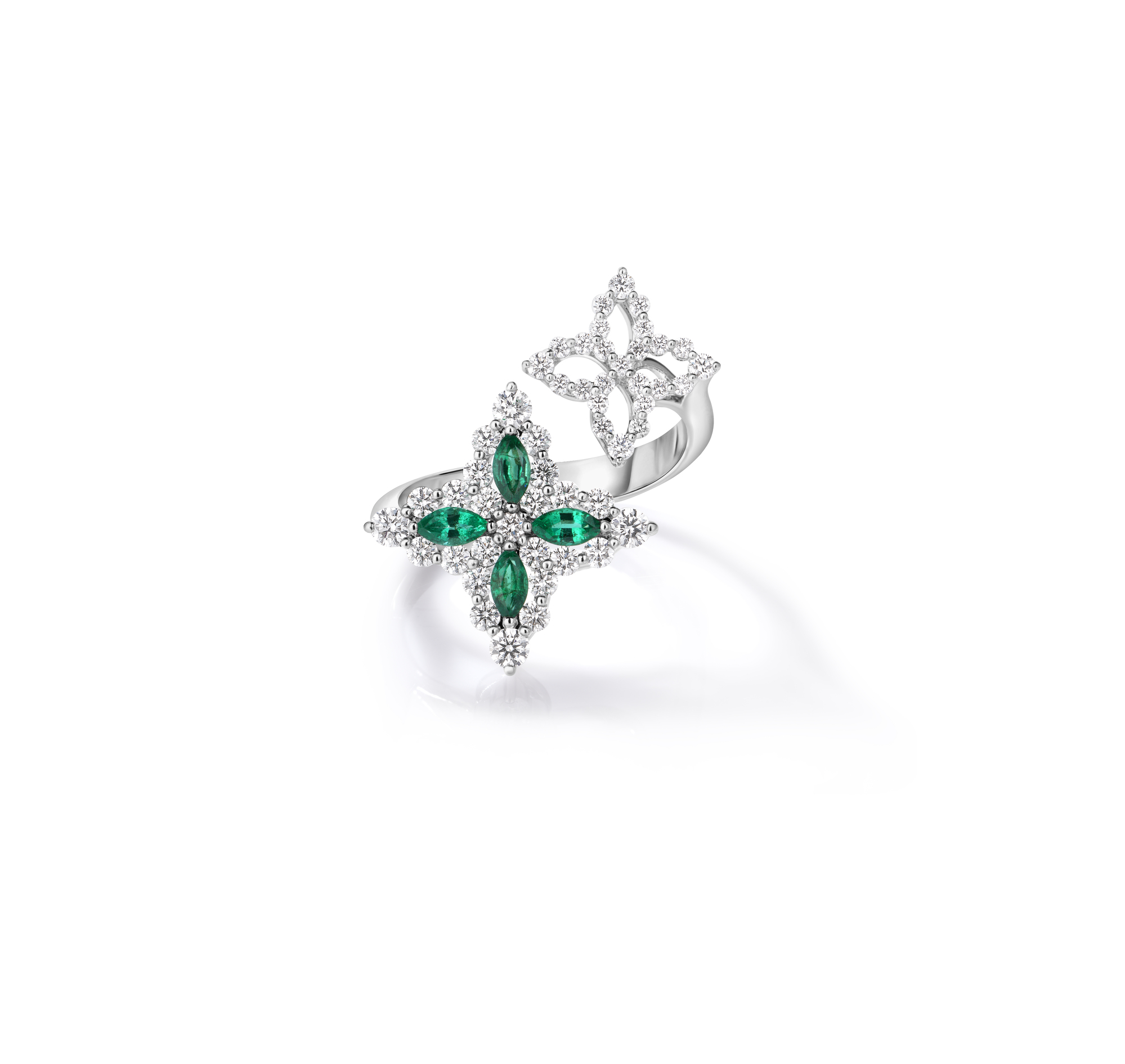 18k White Gold Diamond Princess Outline Emerald Flower Bypass Ring