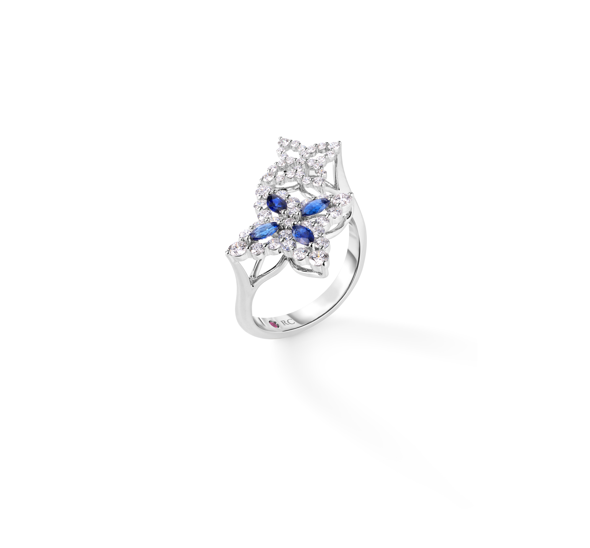 18k White Gold Diamond Princess Blue Sapphire Flower Bypass Ring