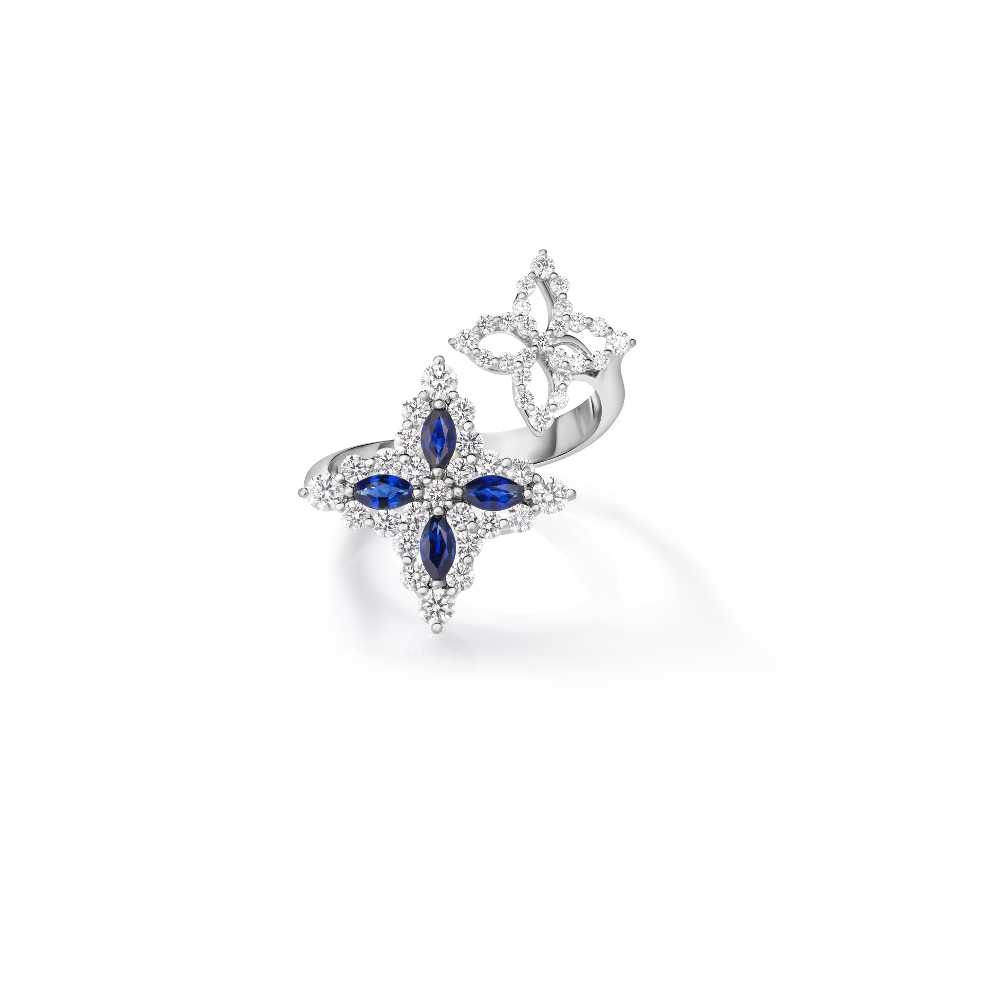 18k White Gold Diamond Princess Blue Sapphire Flower Bypass Ring