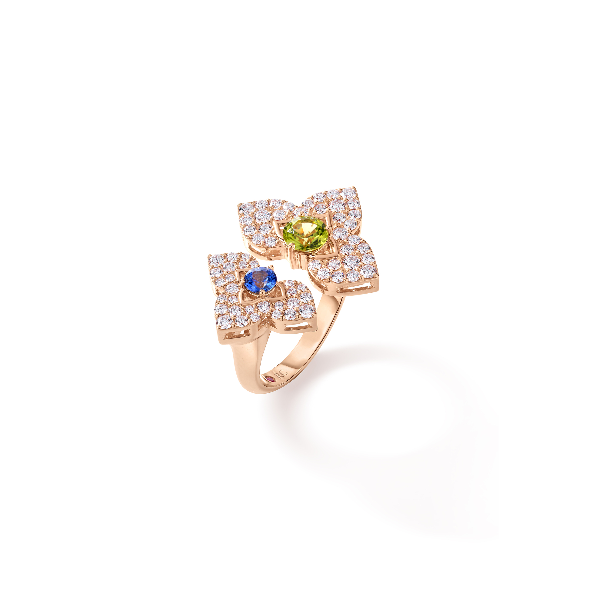 18k Rose Gold Venetian Princess Carnival Diamond, Blue Sappphire, & Peridot Flower Ring