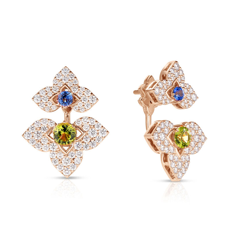 18k Rose Gold Venetian Princess Carnival Pave Diamond & Mixed Stones (blue Sapphire & Peridot) Cut Flower Drop Earrings