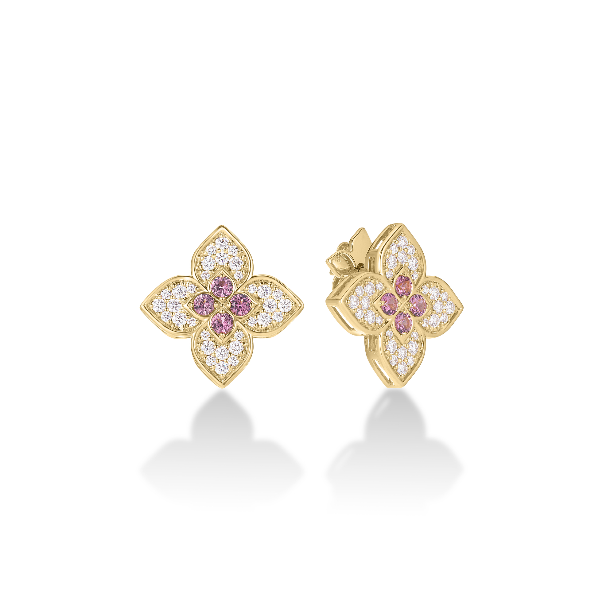 18k Yellow Gold Venetian Princess Carnival Diamond & Rubellite Flower Large Stud Earrings