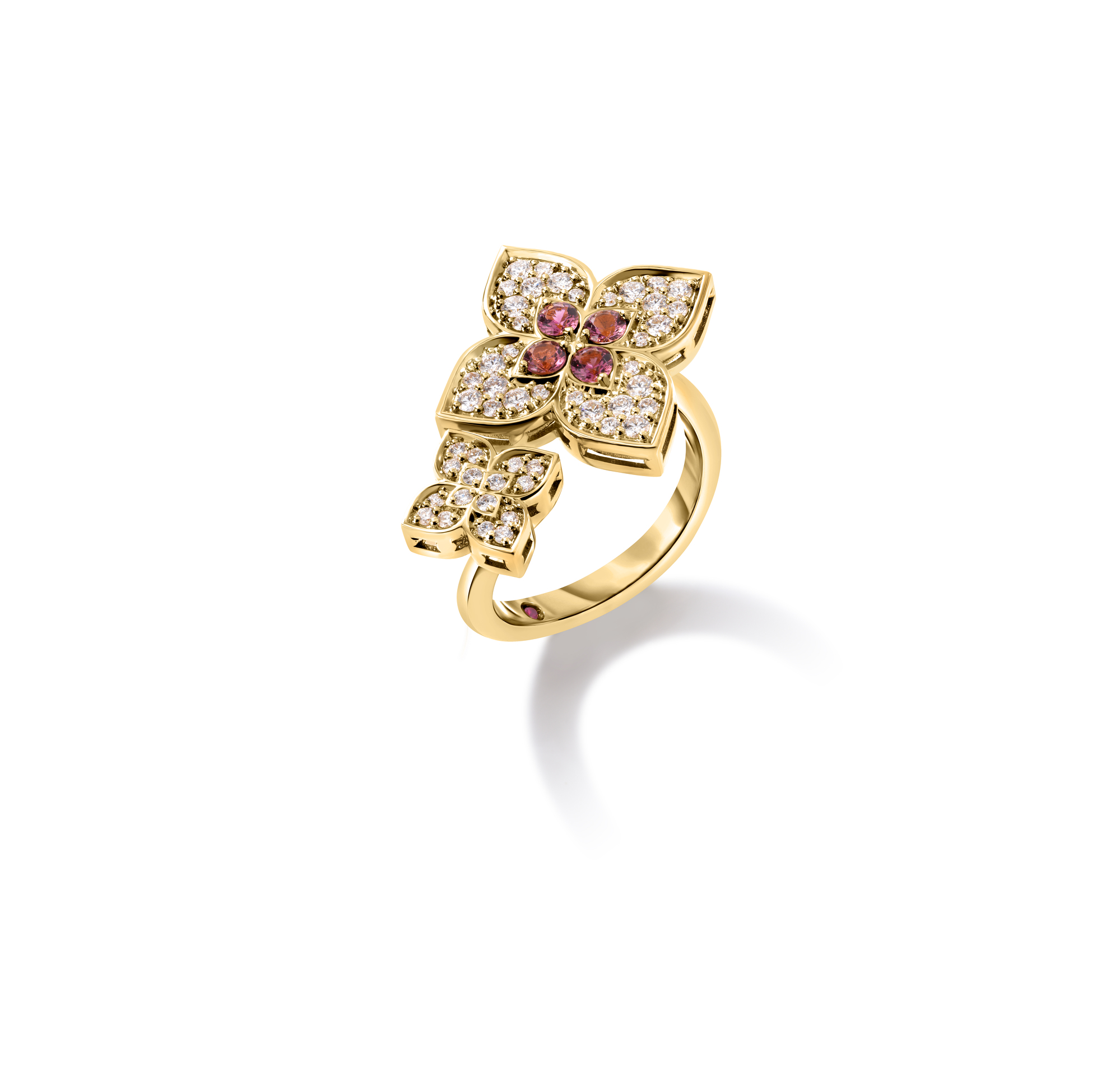 18k Yellow Gold Venetian Princess Carnival Diamond & Rubellite Double Flower Ring