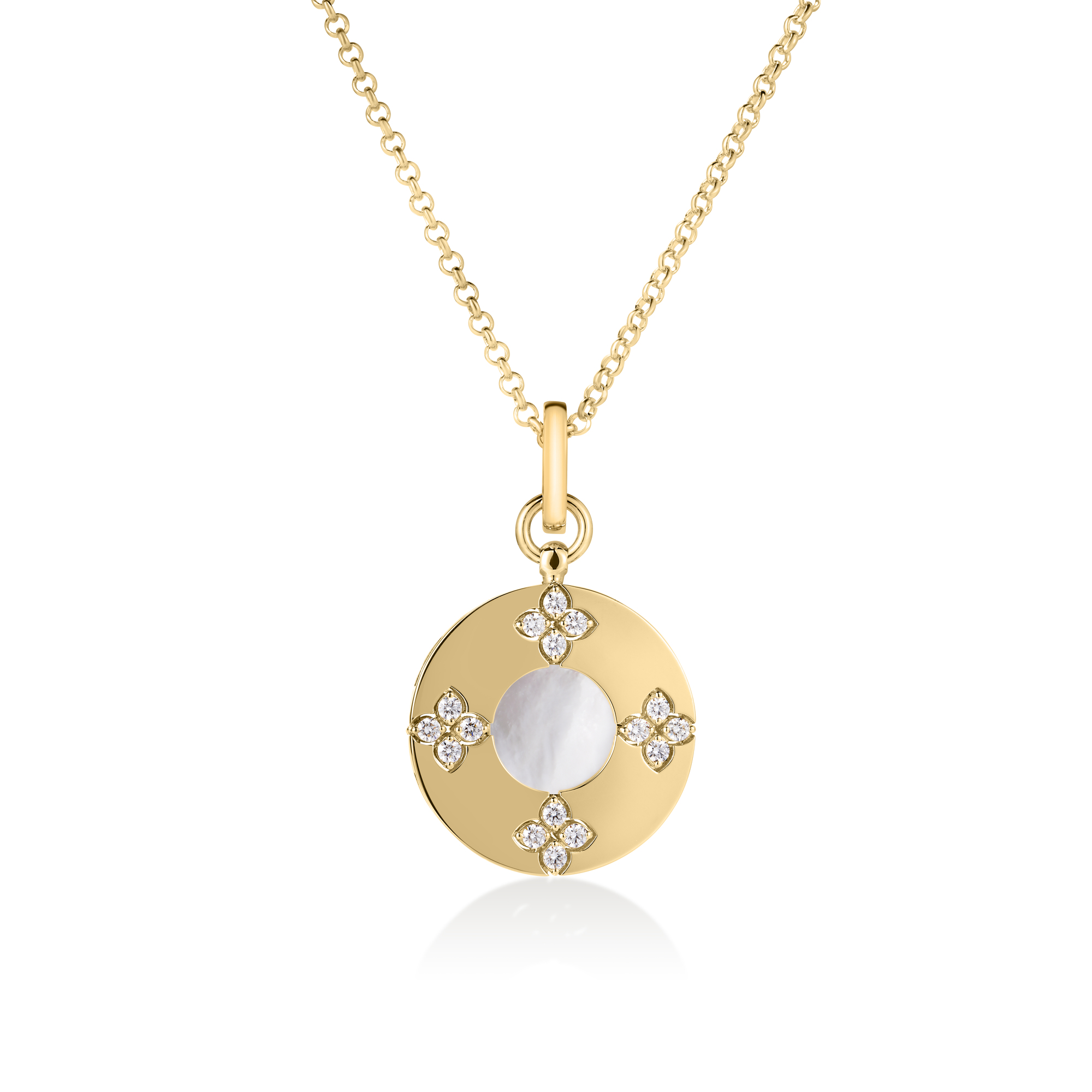 18k Yellow Gold Love In Verona Diamond Flower & Mother Of Pearl Circle Necklace