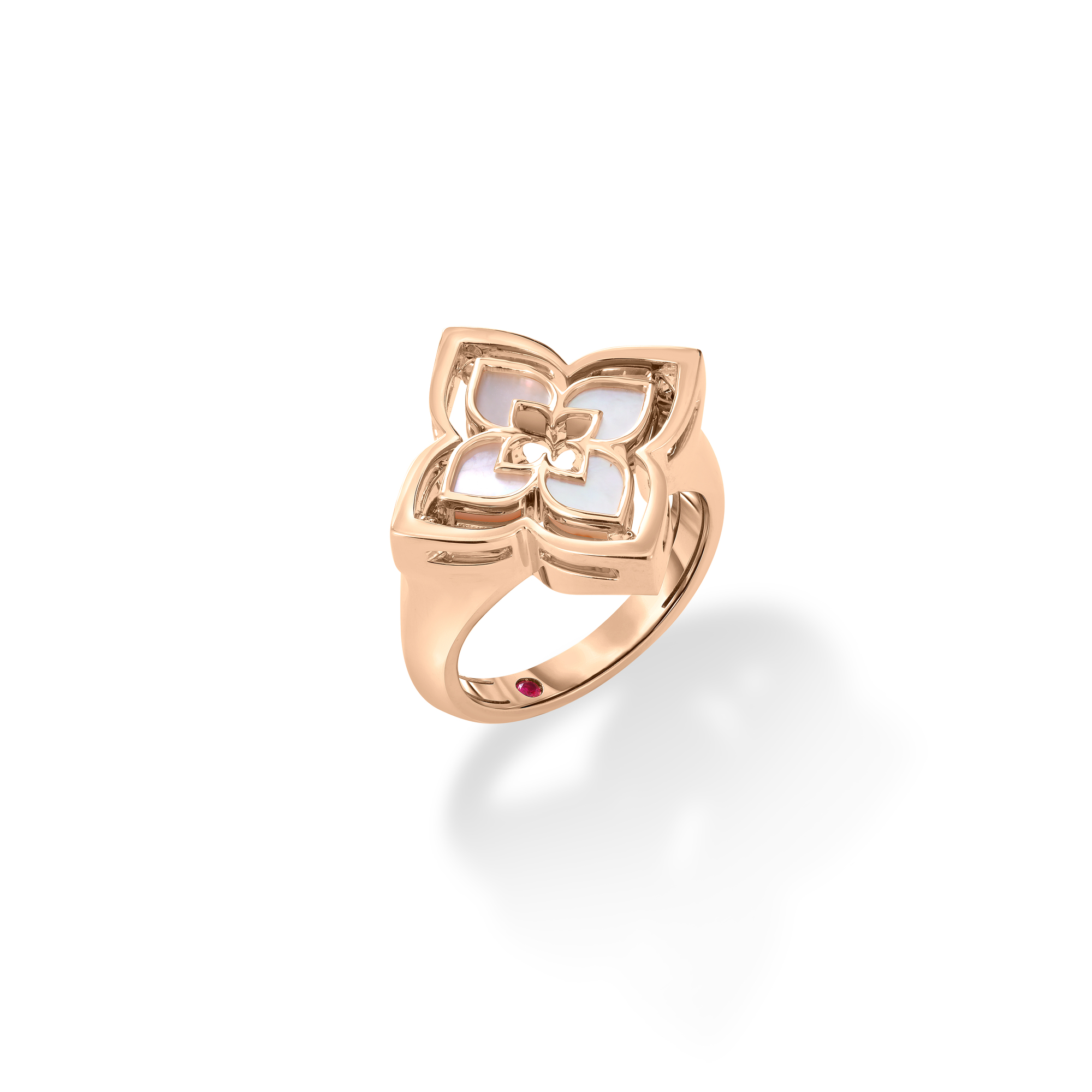 18k Rose Gold Venetian Princess Pirouette Small Pave Diamond & Mother Of Pearl Flower Ring