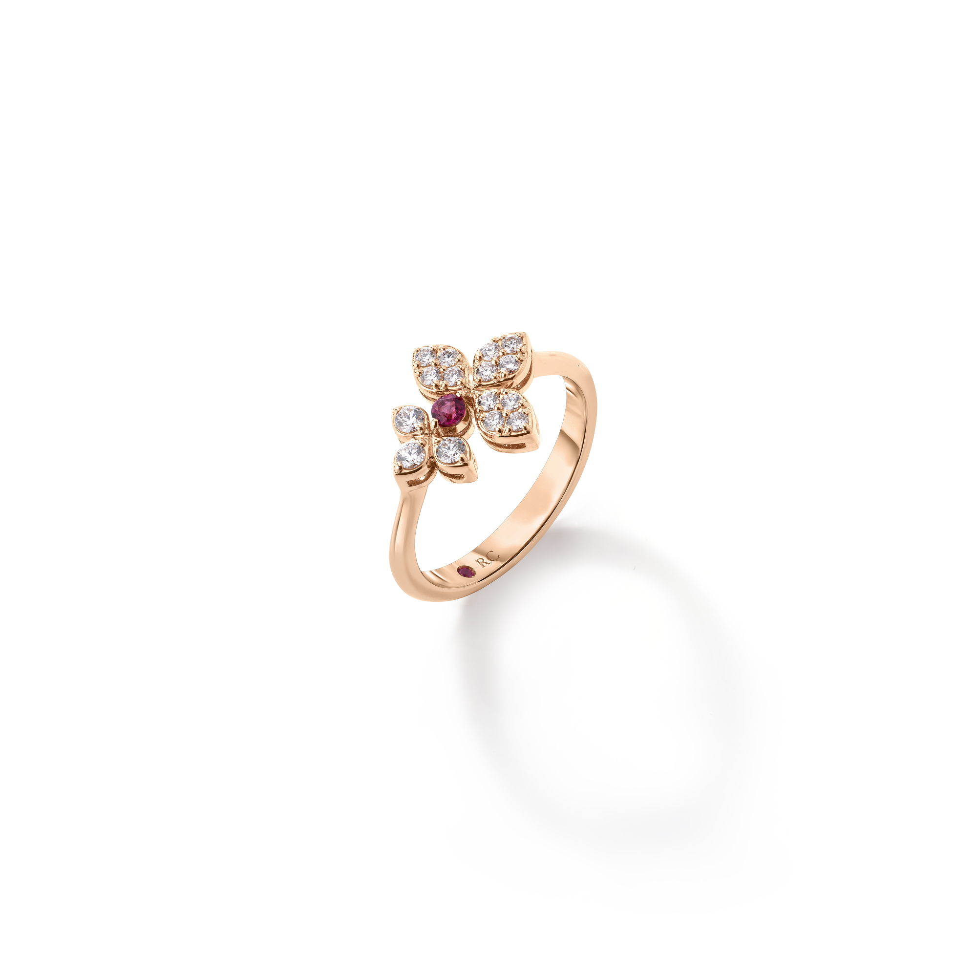 18k Rose Gold Love In Verona Pave Diamond & Rubellite Split Flower Ring