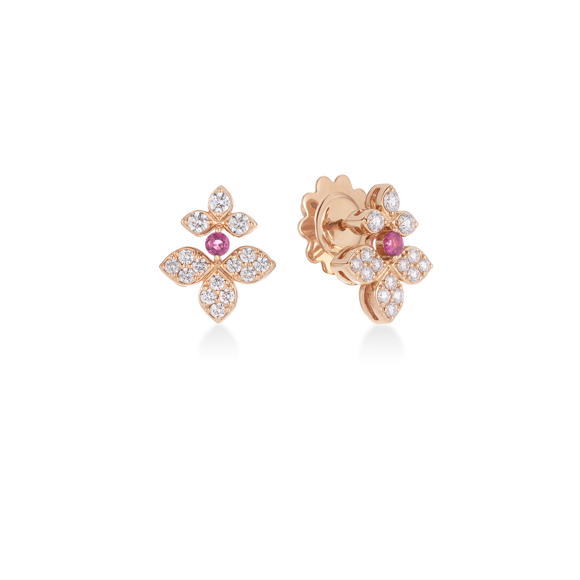 18k Rose Gold Love In Verona Pave Diamond & Rubellite Split Flower Stud Earrings