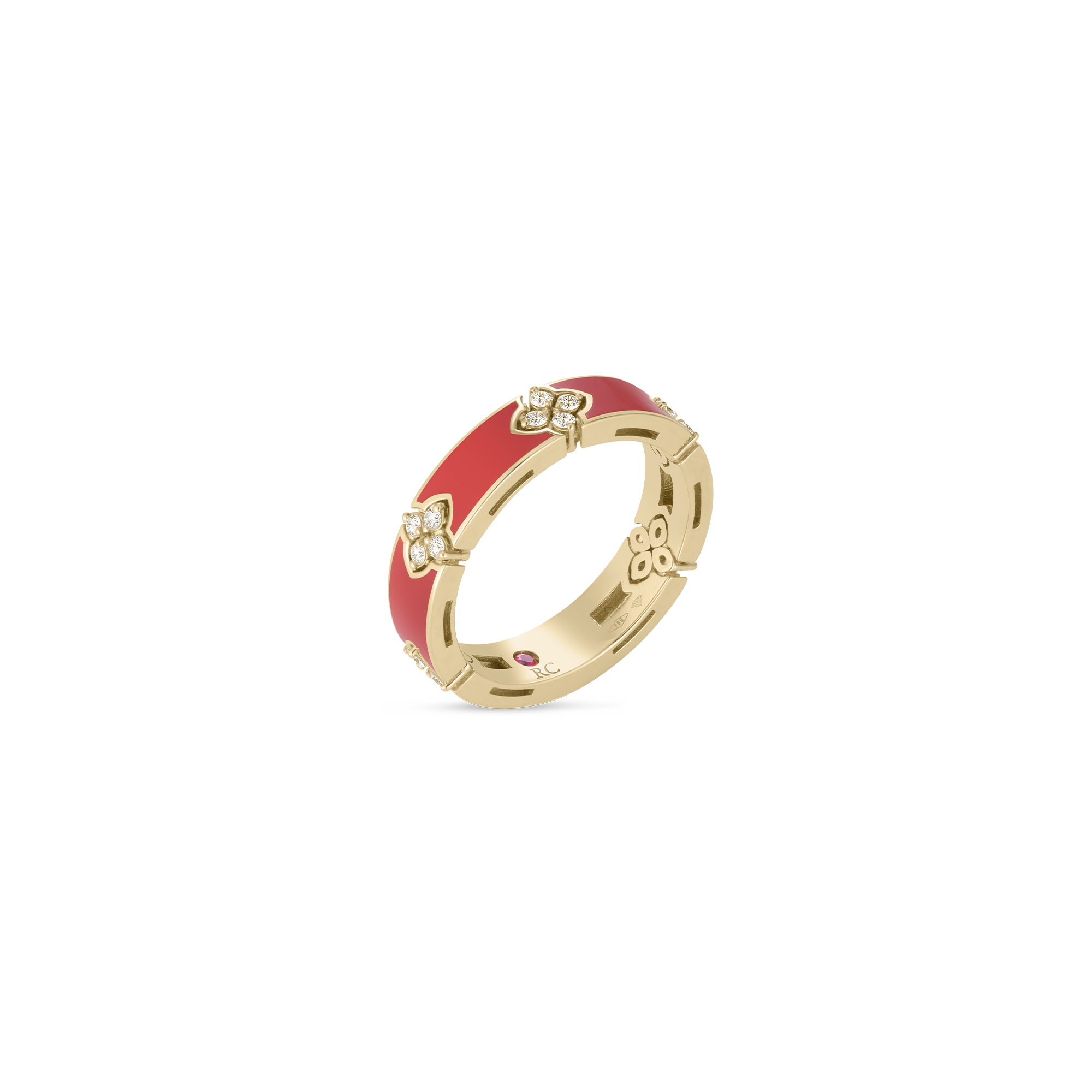 18k Yellow Gold Love In Verona Diamond & Coral Enamel Ring