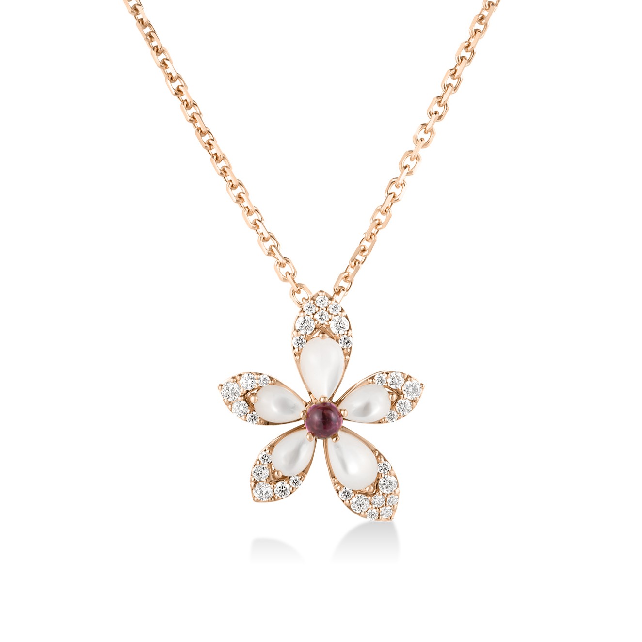18k Rose Gold Tiare' Diamond, Rubellite, & Mother Of Pearl Flower Necklace
