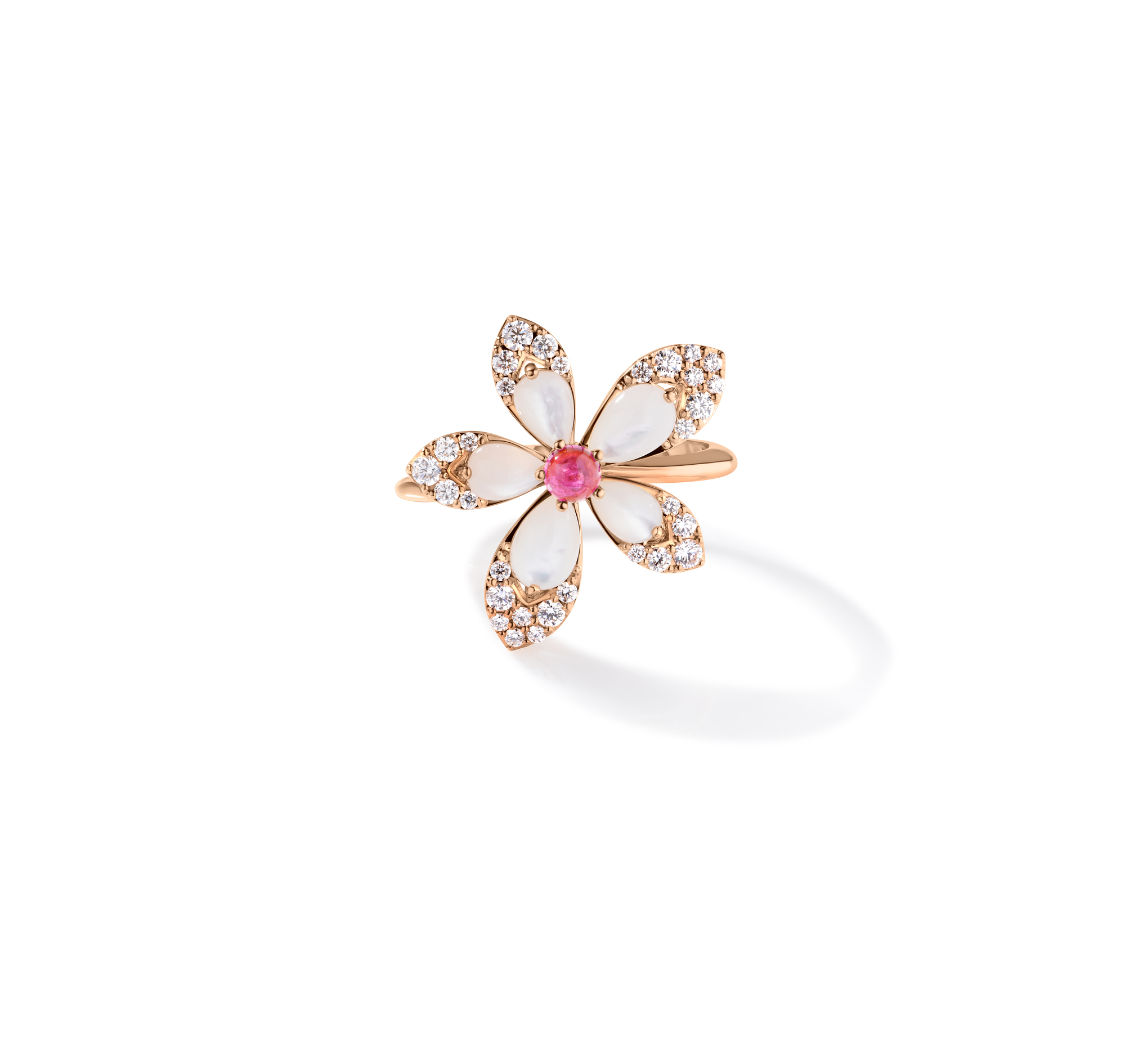 18k Rose Gold Tiare' Diamond, Rubellite, & Mother Of Pearl Flower Ring